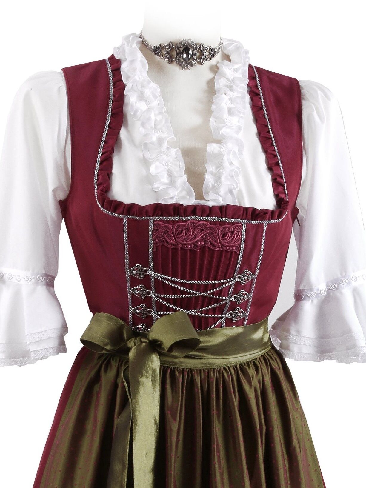 Festliches Midi-Dirndl - kurzes Dirndl + edle Satinschürze Rot Bordeauxe Grün Festliches Midi-Dirndl - kurzes Dirndl + edle Satinschürze Rot Bordeauxe Grün
