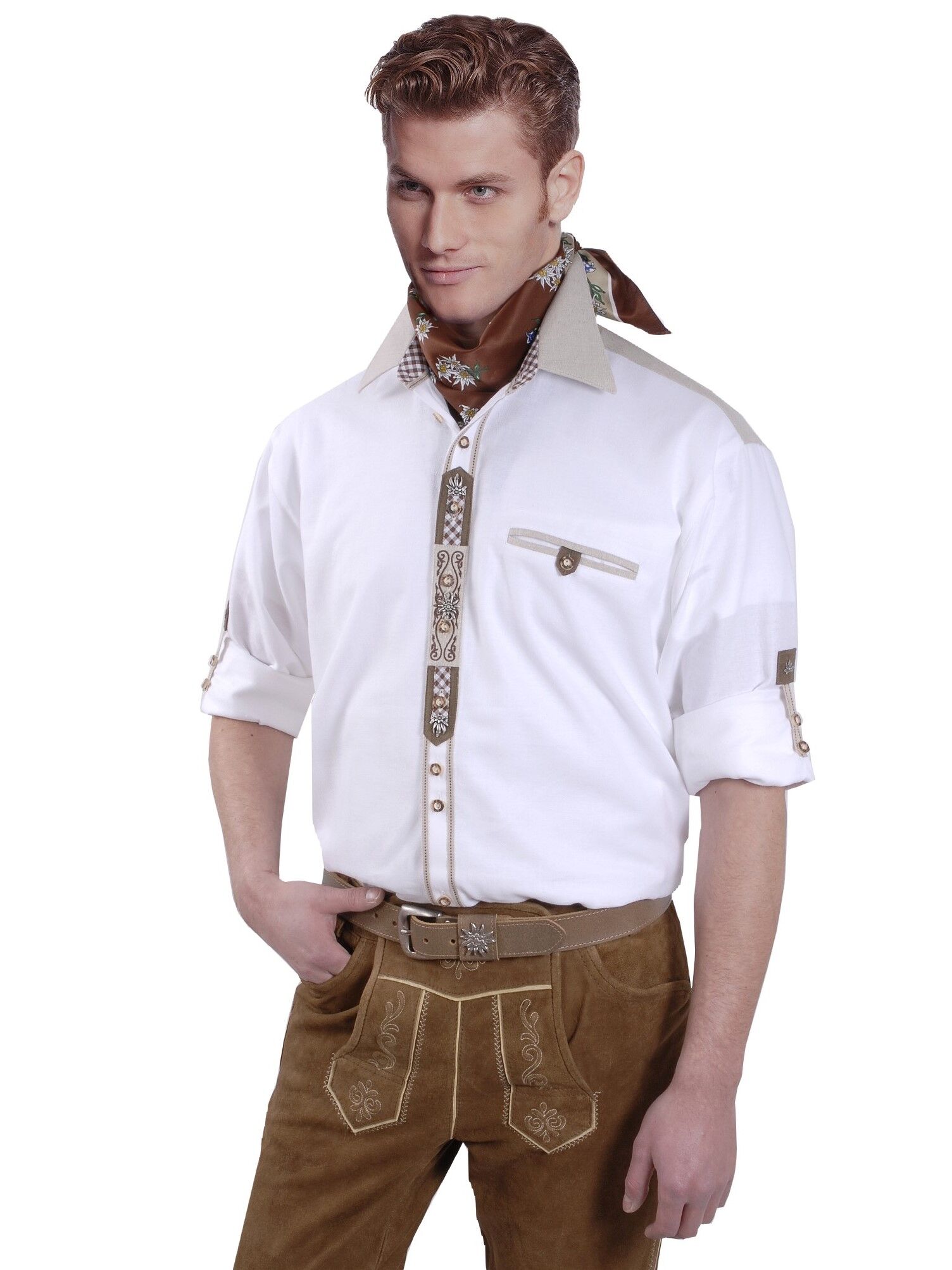Trachtenhemd Herren Weiß-Braun Stickerei + Karo-Besätze Trachtenhemd Herren Weiß-Braun Stickerei + Karo-Besätze