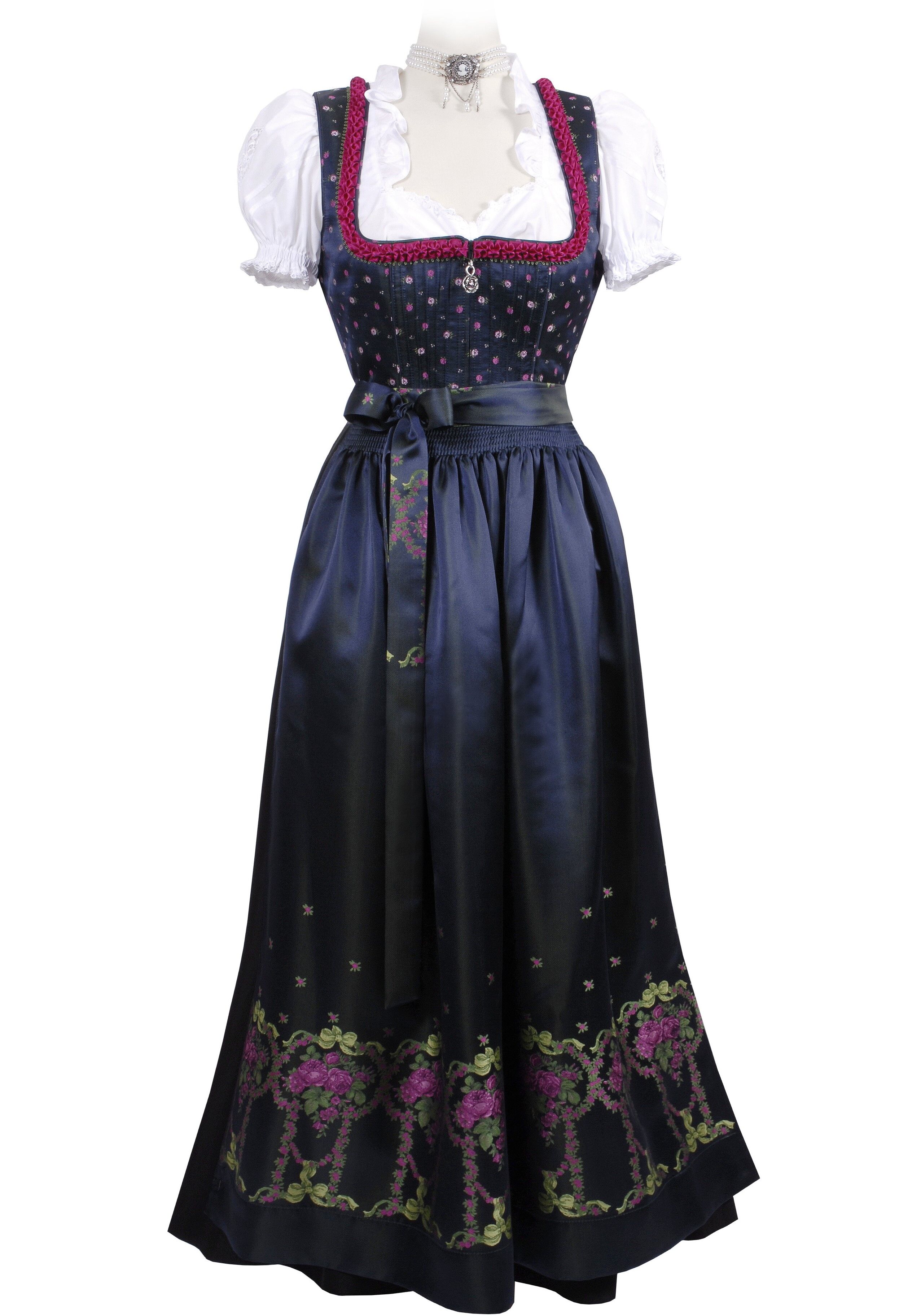 Festliches Dirndl lang - Festtagsdirndl + edle Satinschürze Blau Marine Festliches Dirndl lang - Festtagsdirndl + edle Satinschürze Blau Marine