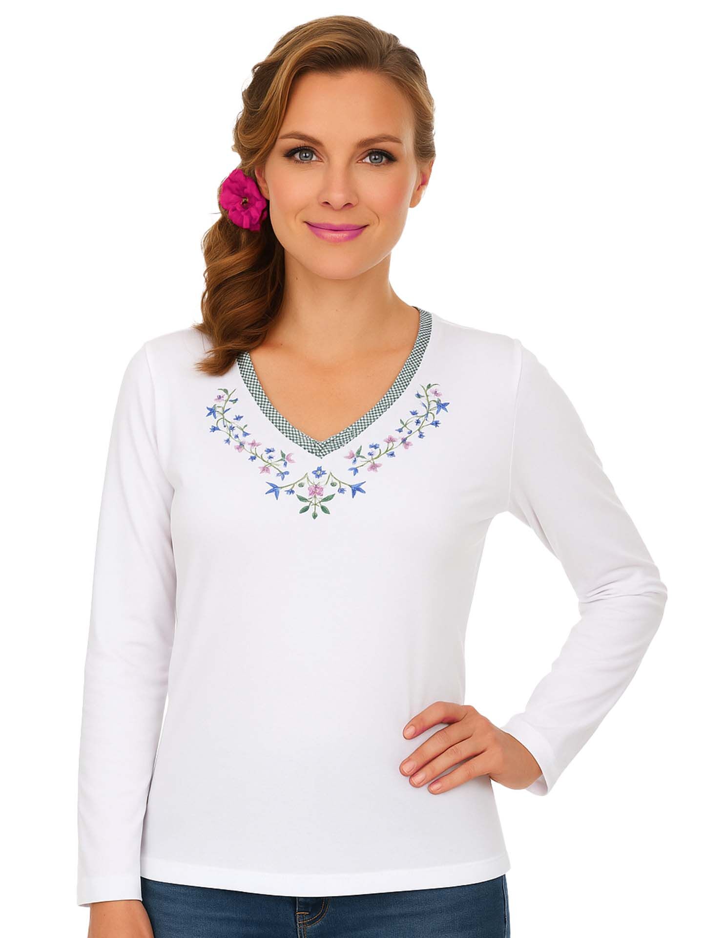 Trachtenshirt Damen T-Shirt Blumen-Stickerei Langarm Weiß-Grün