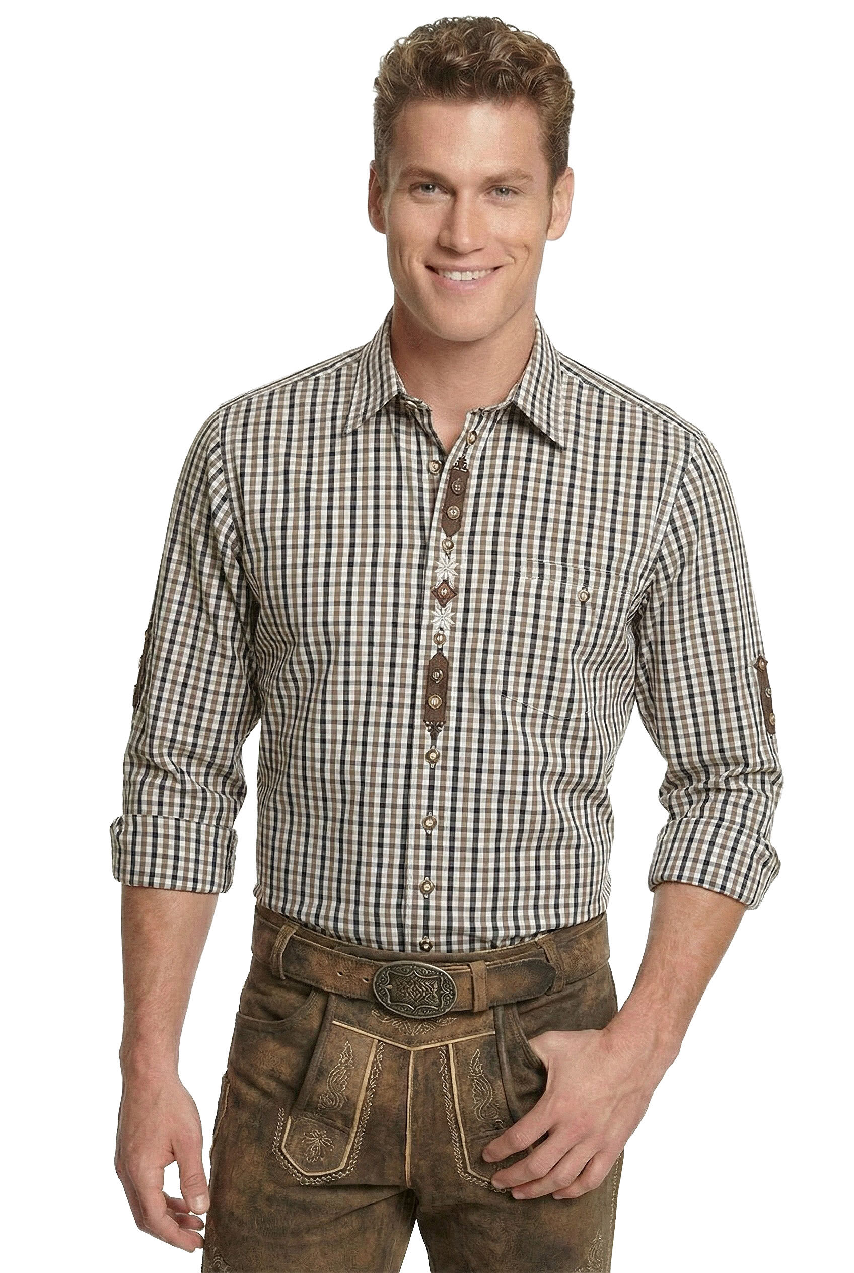 Trachtenhemd Herren kariert Schwarz-Braun Edelweiß Stickerei