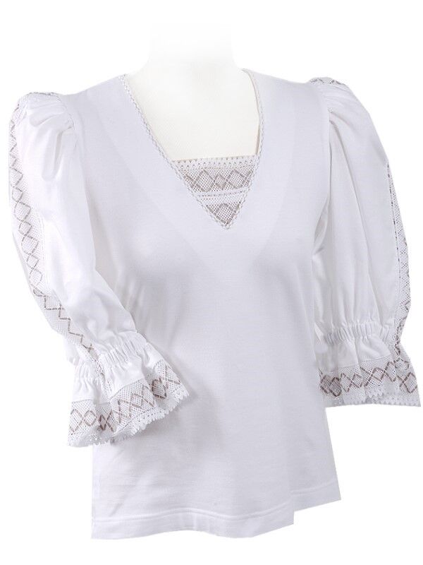 Baumwolle Trachtenshirt Damen T-Shirt 3/4 Arm Langarm Weiß-Beige Baumwolle Trachtenshirt Damen T-Shirt 3/4 Arm Langarm Weiß-Beige