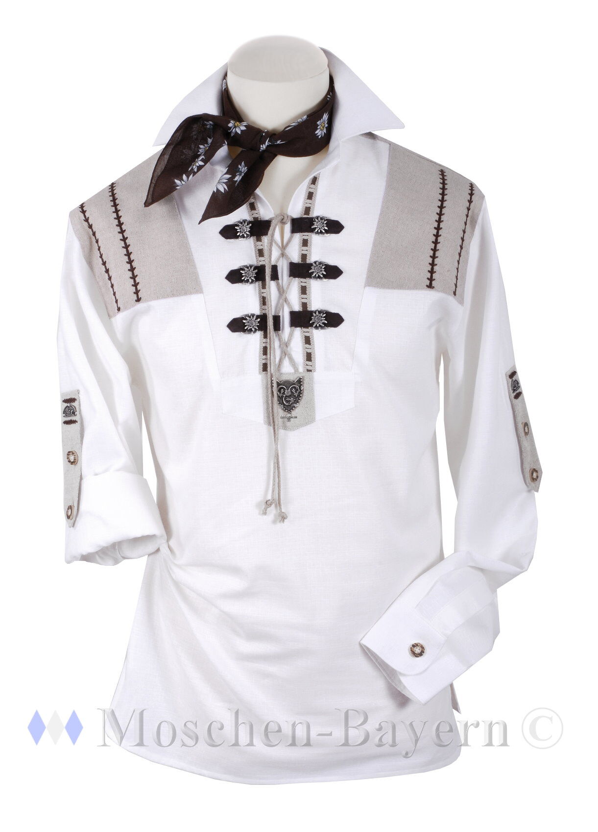 Trachtenhemd Herren Weiß-Beige Schlupfhemd Hirtenhemd