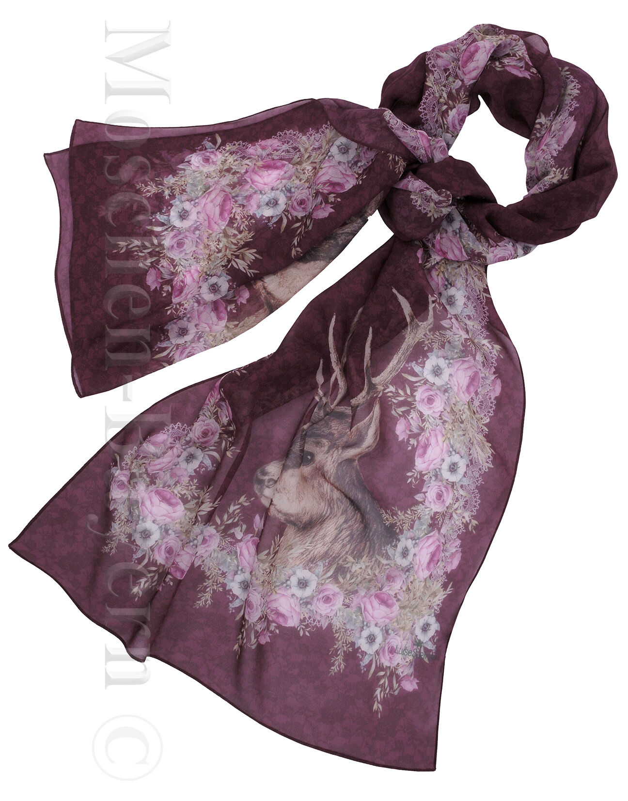 Trachtenschal duftiger Georgette Hirsch + Rosen Beere-Violett Trachtenschal duftiger Georgette Hirsch + Rosen Beere-Violett