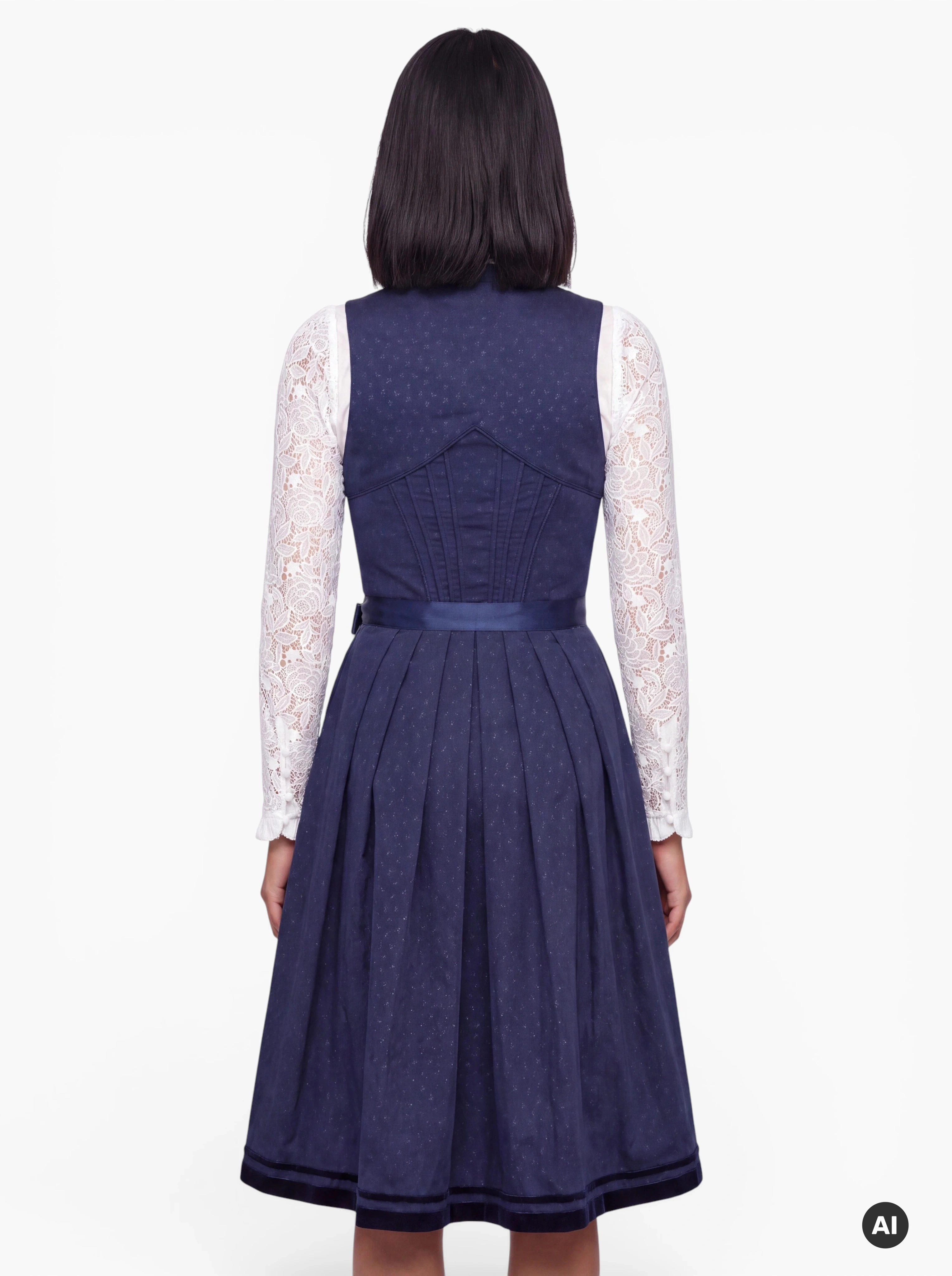 Midi Dirndl Johanna 70 cm Marine mit Spitze & Miederschnürung