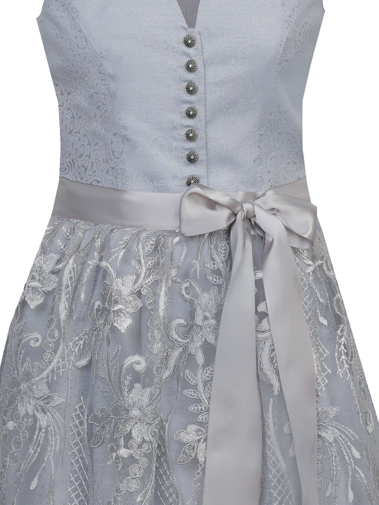 Festliches Midi-Dirndl - kurzes Dirndl hochgeschlossen + Spitzenschürze Bleu-Silber Festliches Midi-Dirndl - kurzes Dirndl hochgeschlossen + Spitzenschürze Bleu-Silber