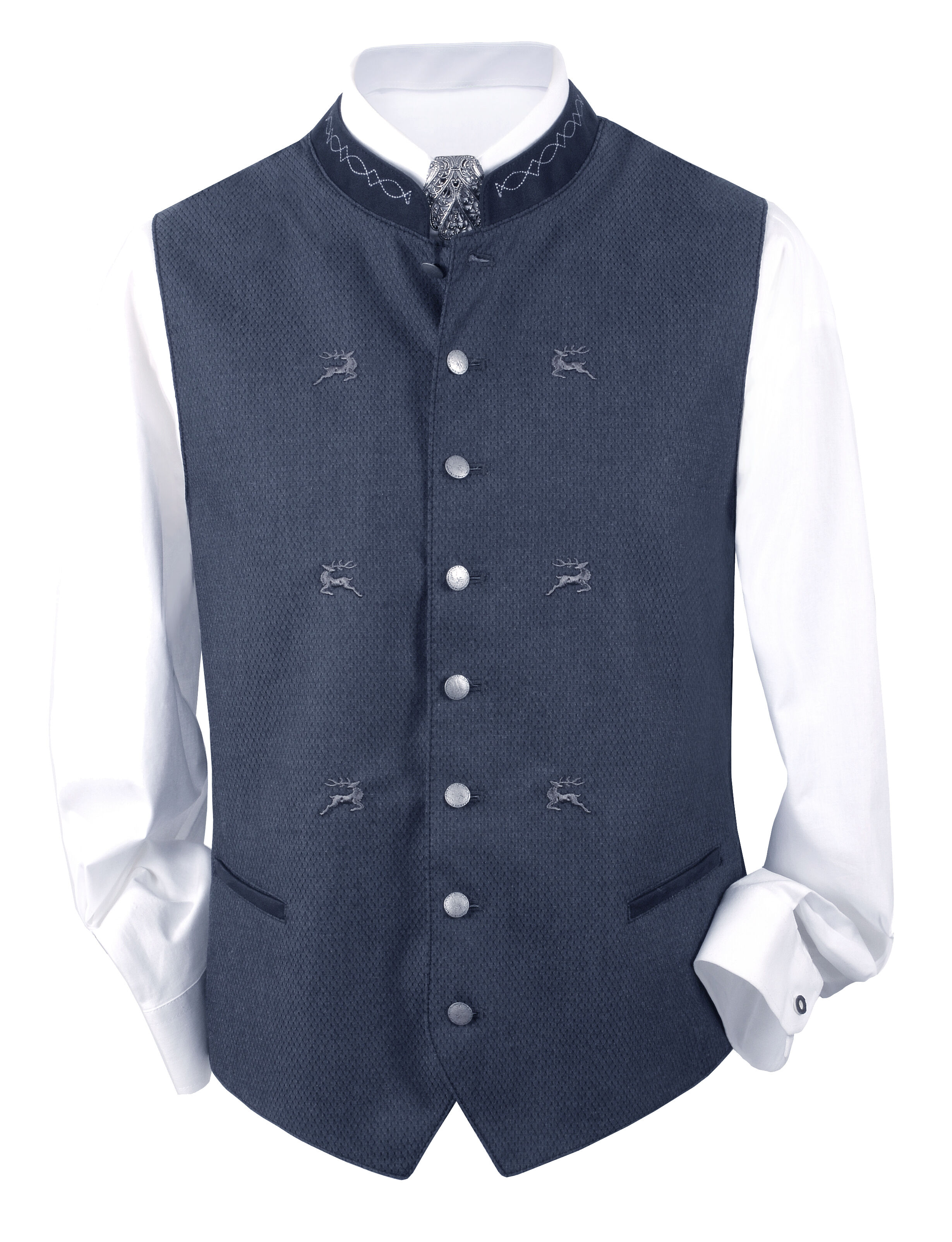Trachtenweste Herrenweste Gilet Marine Blau Hirsch-Stickerei Trachtenweste Herrenweste Gilet Marine Blau Hirsch-Stickerei