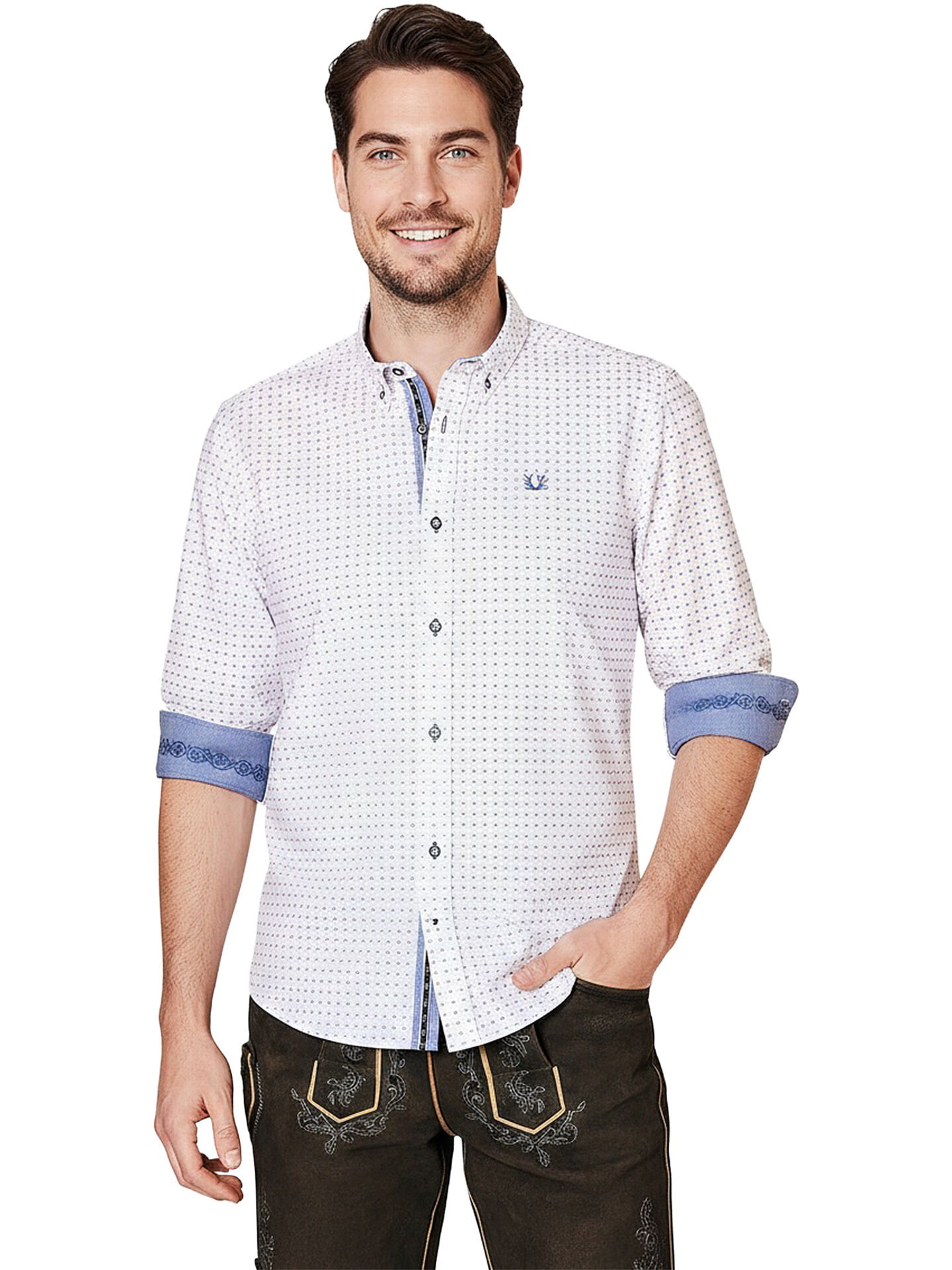 Trachtenhemd Herren Weiß/Blau SLIMFIT mit Punkten Trachtenhemd Herren Weiß/Blau SLIMFIT mit Punkten