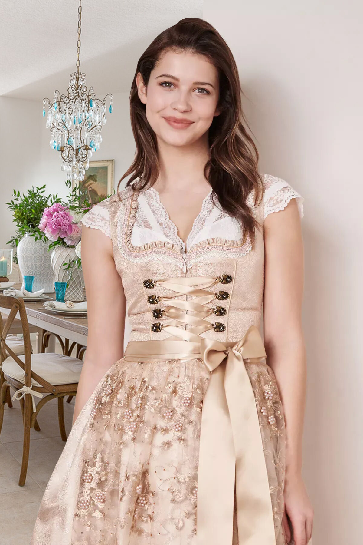 Festliches Midi-Dirndl - kurzes Dirndl + edle Spitzen-Schürze Beige-Rosa Festliches Midi-Dirndl - kurzes Dirndl + edle Spitzen-Schürze Beige-Rosa
