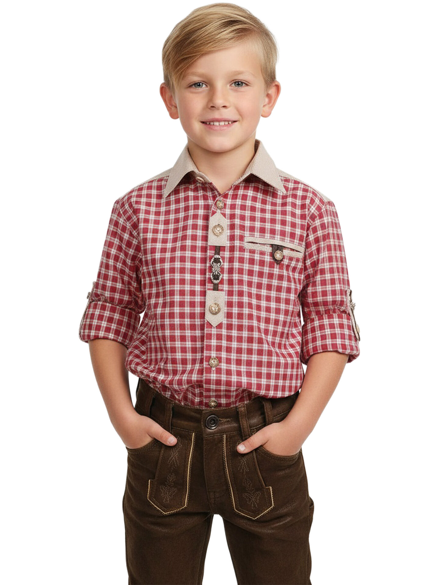 Kinder-Trachtenhemd kariert Rot mit Edelweiß