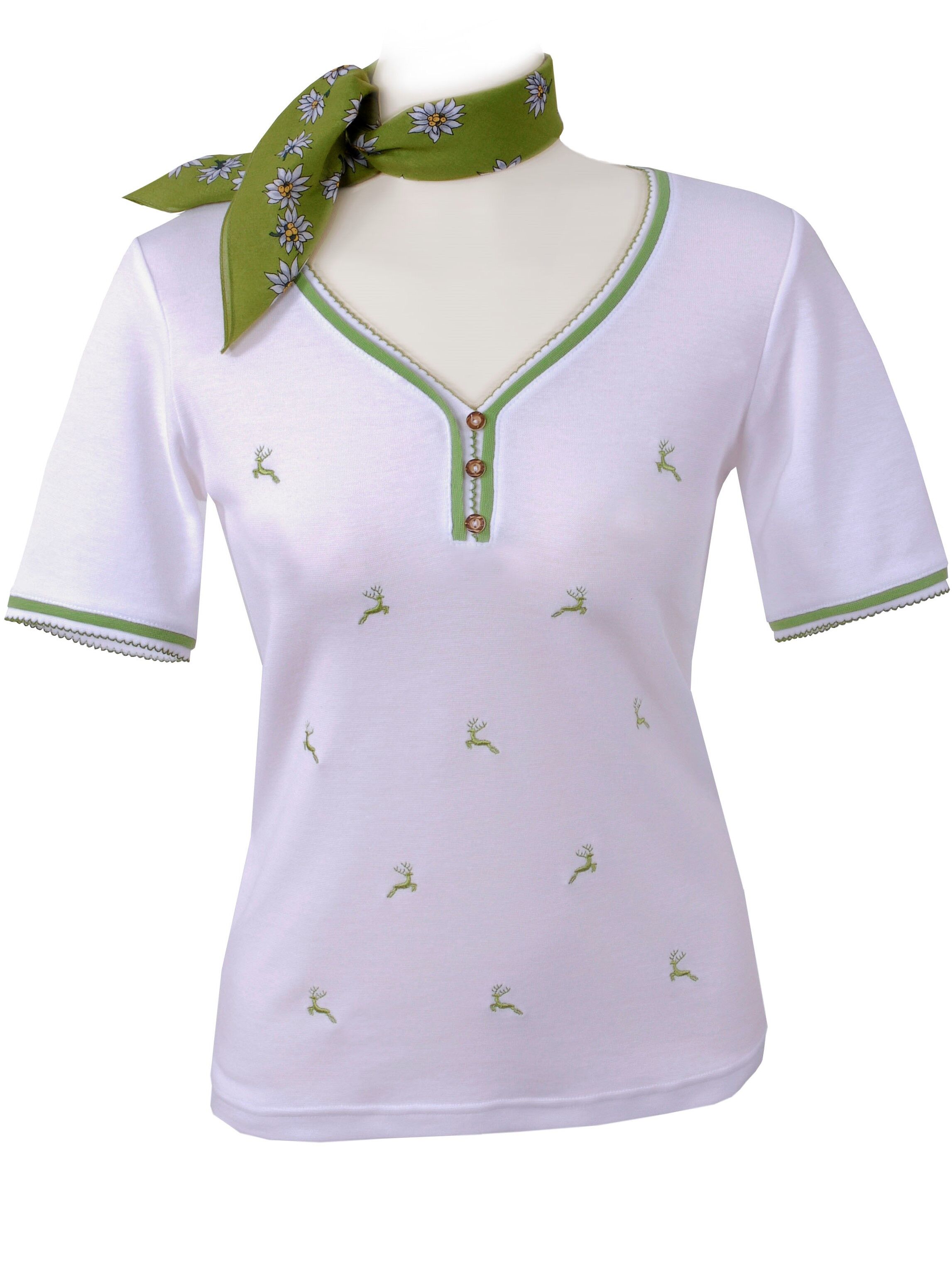 Premium Trachtenshirt Damen T-Shirt Hirsch-Stickerei Weiß-Grün 