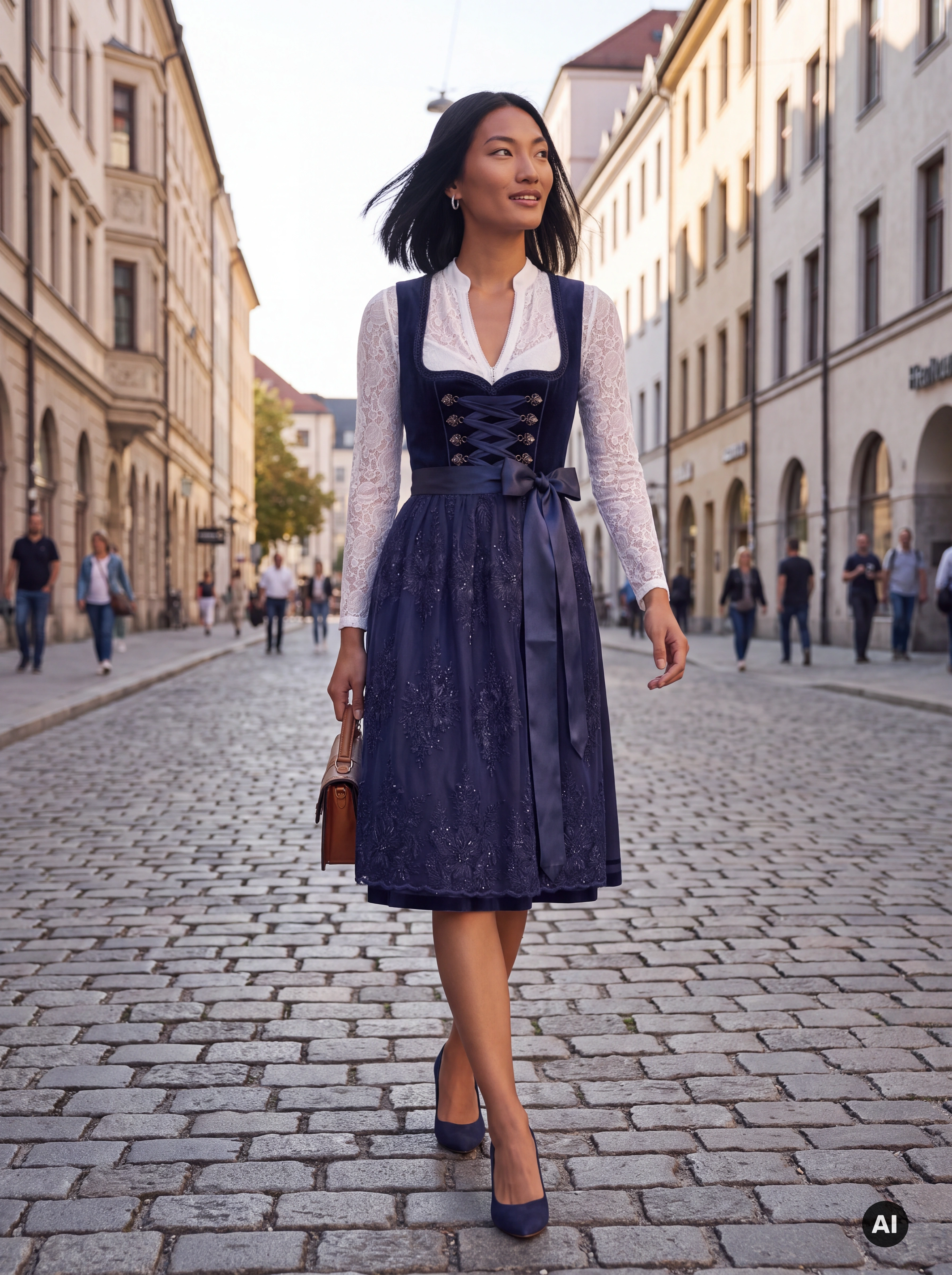 Midi Dirndl Johanna 70 cm Marine mit Spitze & Miederschnürung