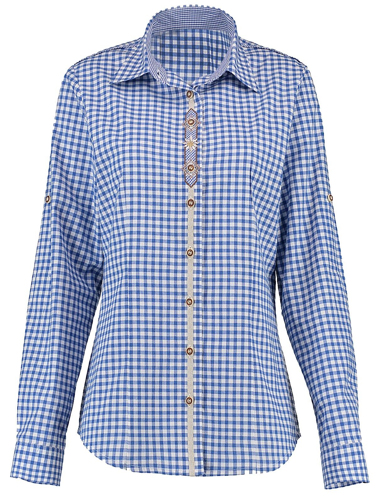 Trachtenbluse Damen kariert Langarm Edelweiß Stickerei Blau + Rot  Trachtenbluse Damen kariert Langarm Edelweiß Stickerei Blau + Rot