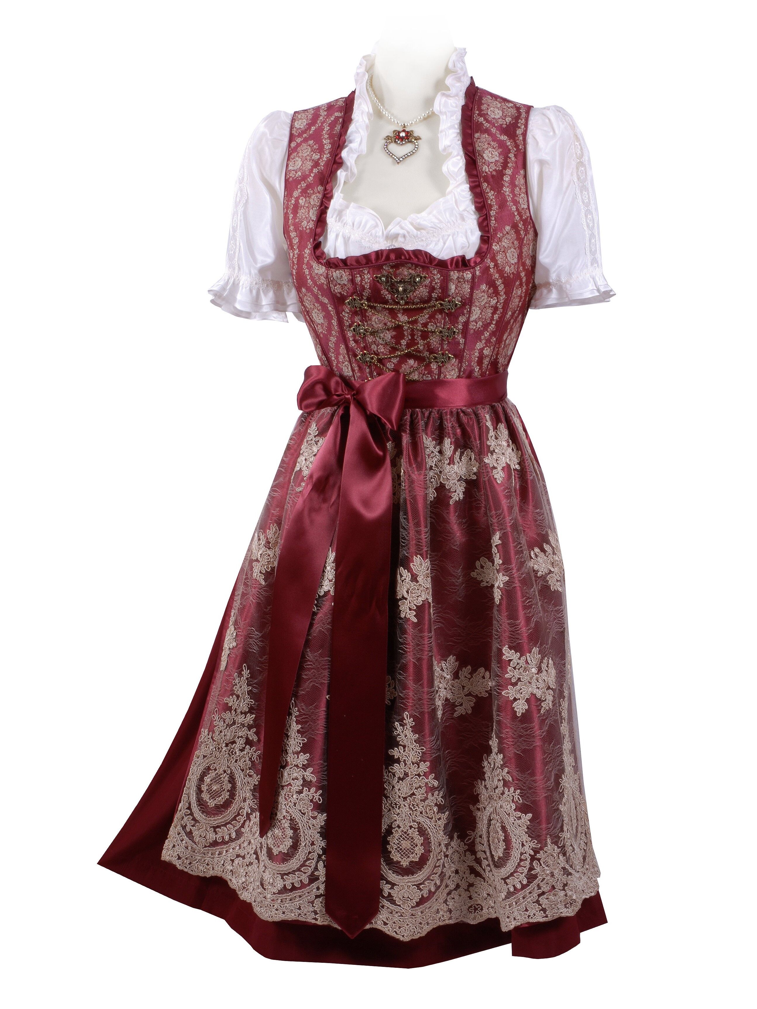 Festliches Midi-Dirndl - kurzes Dirndl + edle Spitzenschürze Rot Bordeauxe Festliches Midi-Dirndl - kurzes Dirndl + edle Spitzenschürze Rot Bordeauxe