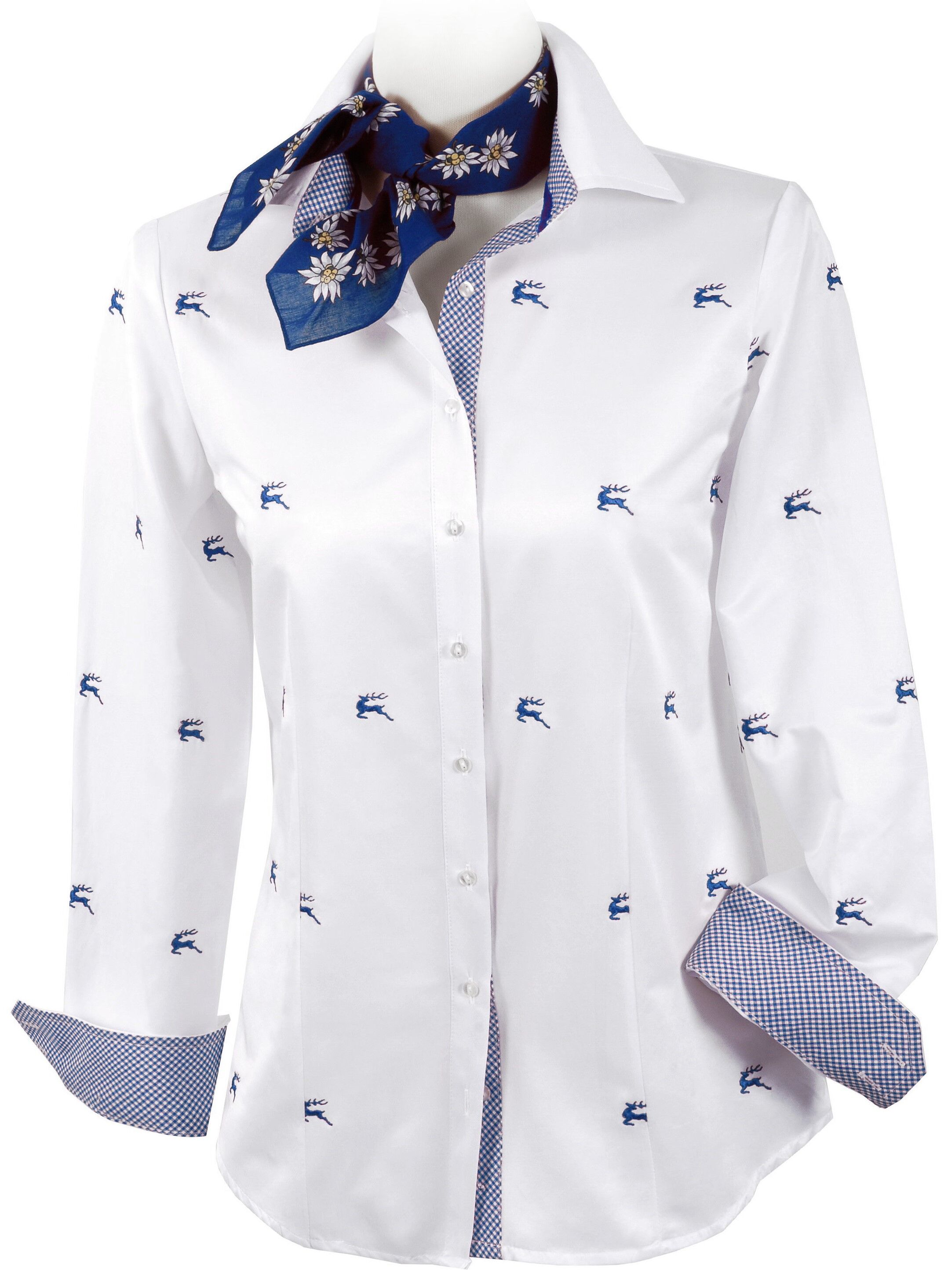 Premium Trachtenbluse Damen Langarm Hirsch-Stickerei Weiß-Blau  Premium Trachtenbluse Damen Langarm Hirsch-Stickerei Weiß-Blau