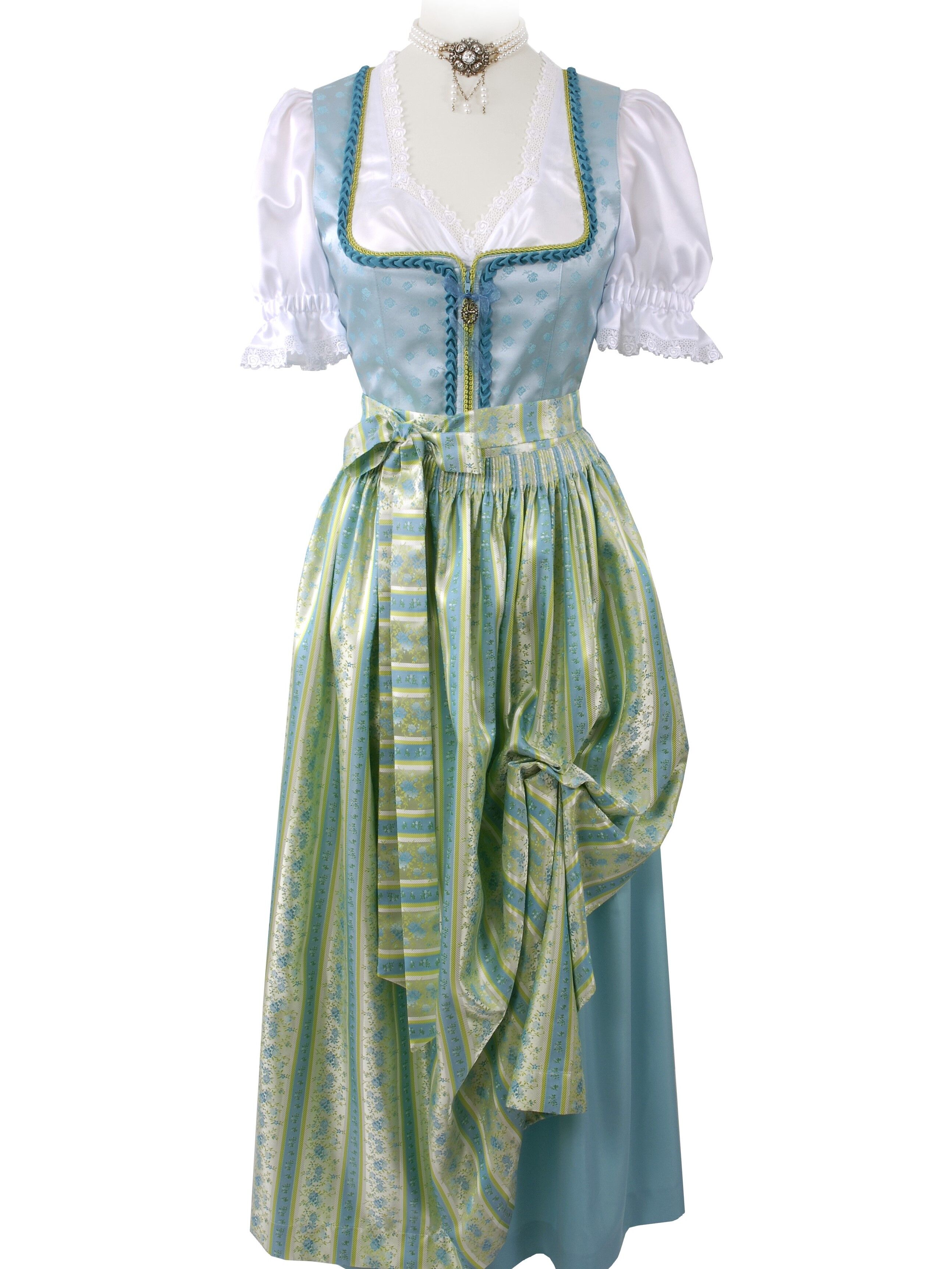 Festliches Dirndl lang - Festtagsdirndl edle Satin-Schürze Türkis Set 3-teilig + Bluse Festliches Dirndl lang - Festtagsdirndl edle Satin-Schürze Türkis Set 3-teilig + Bluse