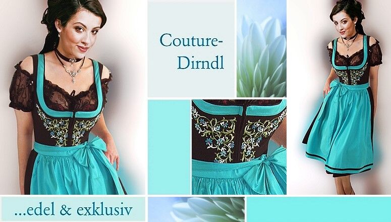 PREMIUM Designer-Dirndl Seidendirndl - festliches Midi-Dirndl Schwarz-Türkis PREMIUM Designer-Dirndl Seidendirndl - festliches Midi-Dirndl Schwarz-Türkis