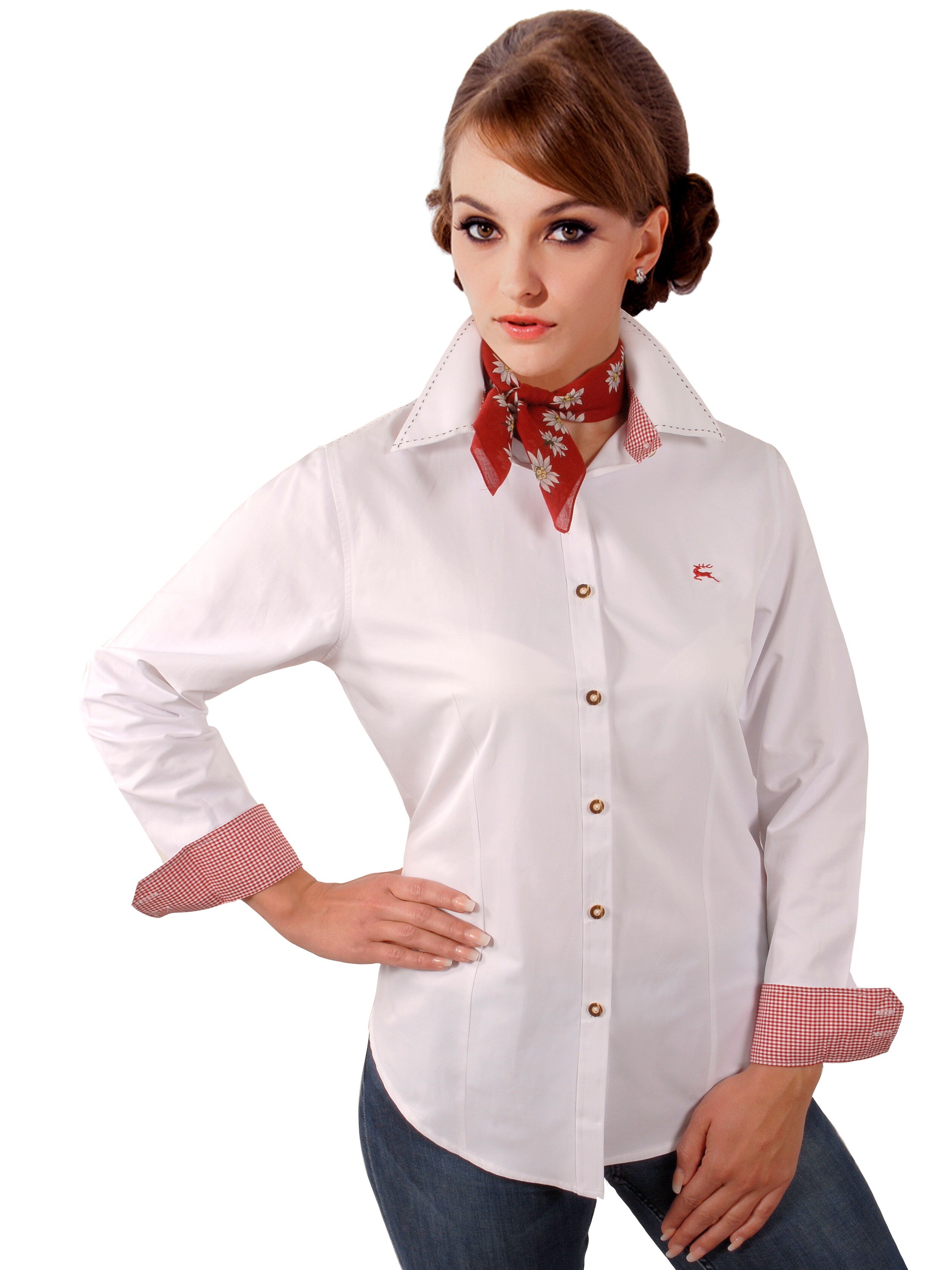 Basic Trachtenbluse Damen Langarm + Vichy-Karo kariert  Hirsch-Stickerei Weiß-Rot Basic Trachtenbluse Damen Langarm + Vichy-Karo kariert  Hirsch-Stickerei Weiß-Rot