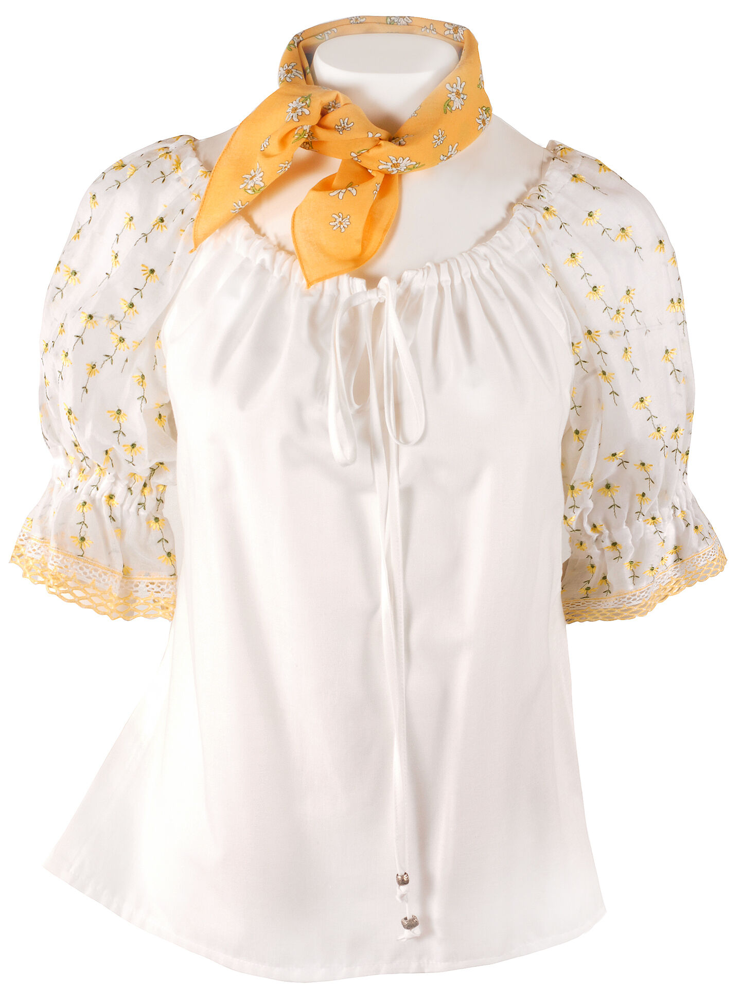 Trachtenbluse Damen Kurzarm Carmenbluse mit Rüschen Weiß Gelb Trachtenbluse Damen Kurzarm Carmenbluse mit Rüschen Weiß Gelb