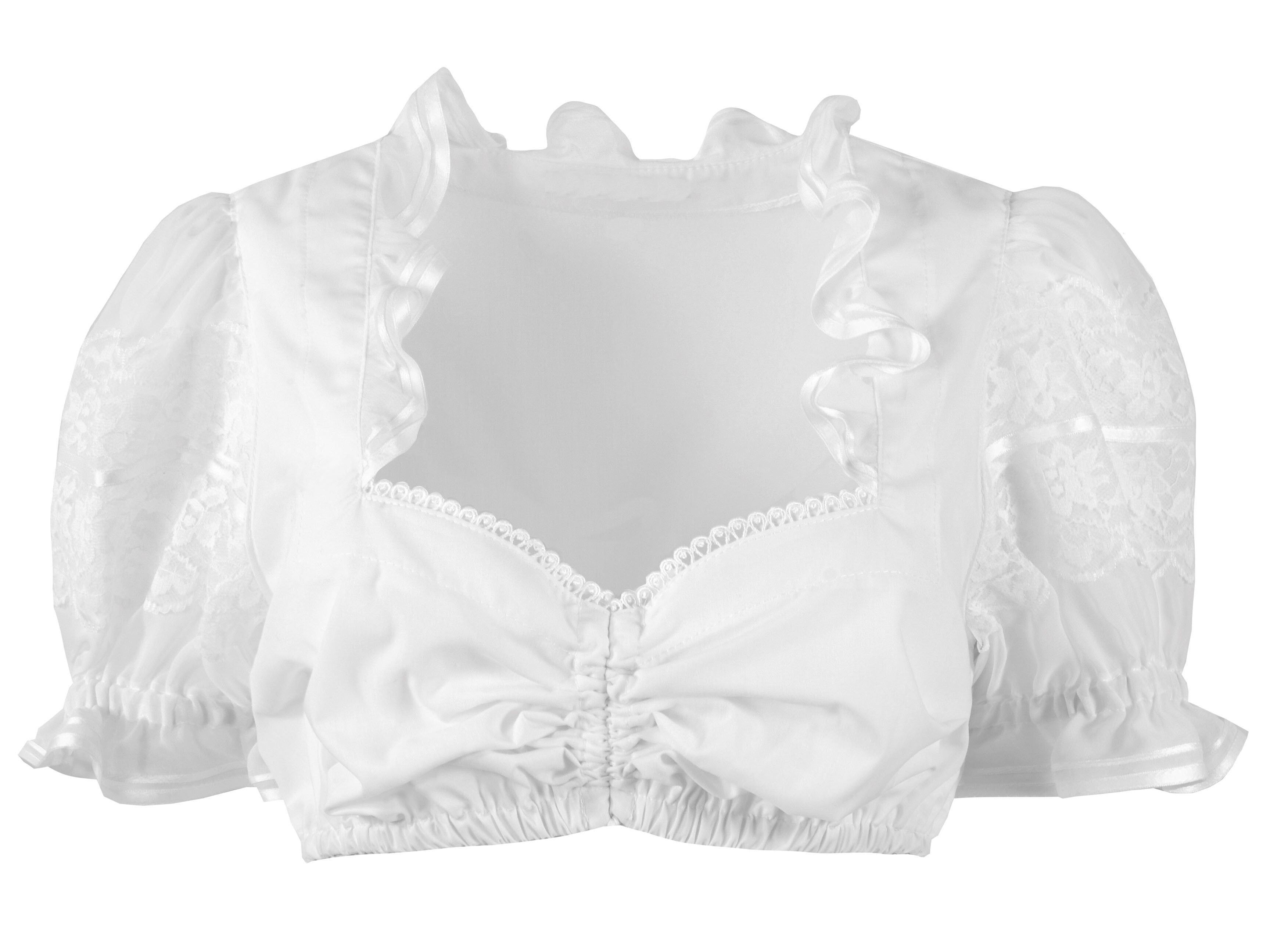 Dirndlbluse Damen festlich mit Spitze Kurzarm Rüschen mit duftigem Georgette Weiß Dirndlbluse Damen festlich mit Spitze Kurzarm Rüschen mit duftigem Georgette Weiß