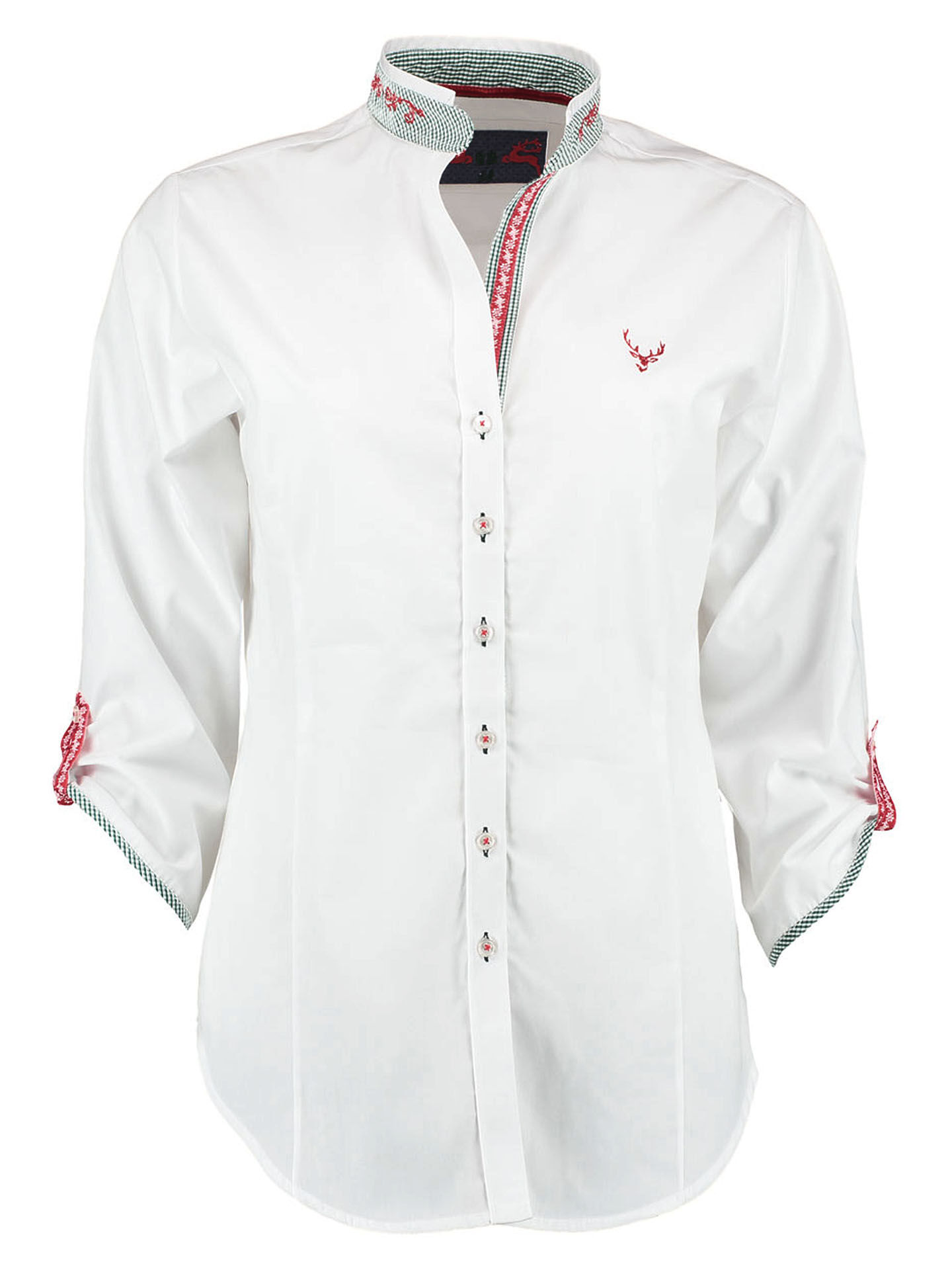 Trachtenbluse Damen 3/4-Arm + Hirsch-Stickerei Weiß-Grün-Rot Trachtenbluse Damen 3/4-Arm + Hirsch-Stickerei Weiß-Grün-Rot