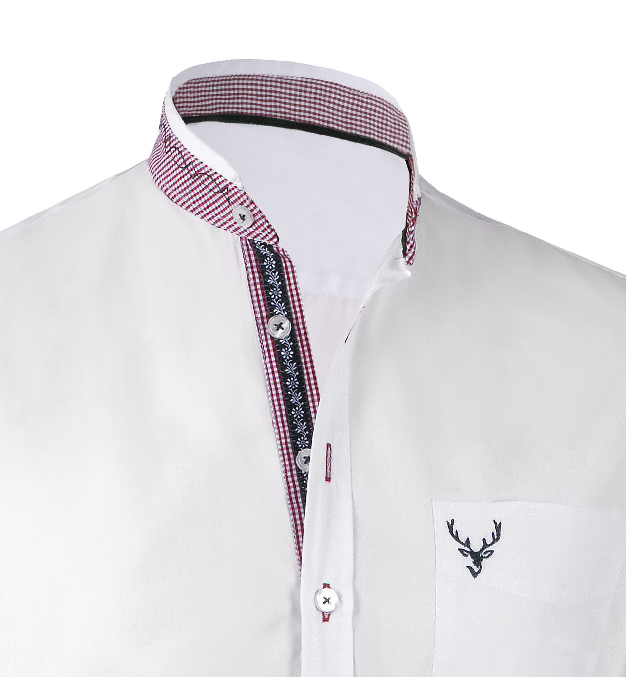 Trachtenhemd Weiß/Rot SLIMFIT Stehkragen + Hirsch-Stickerei Trachtenhemd Weiß/Rot SLIMFIT Stehkragen + Hirsch-Stickerei