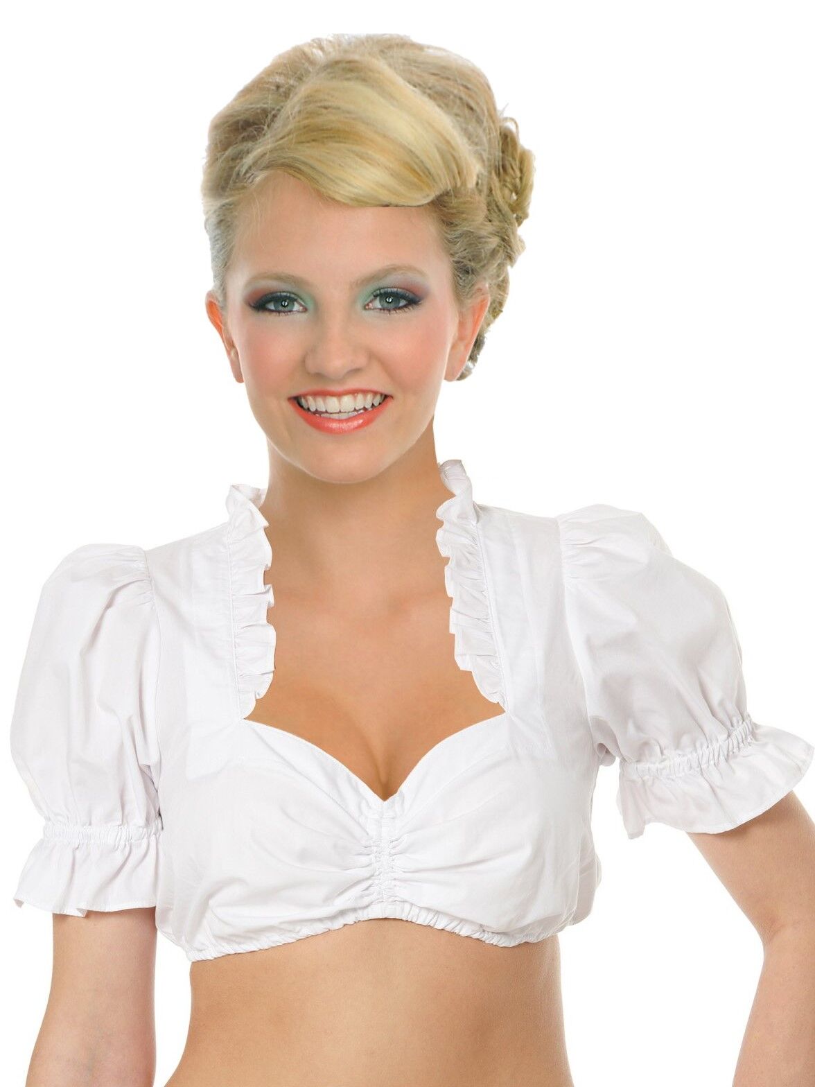 Dirndlbluse Damen Baumwolle Kurzarm Rüschen Weiß Dirndlbluse Damen Baumwolle Kurzarm Rüschen Weiß