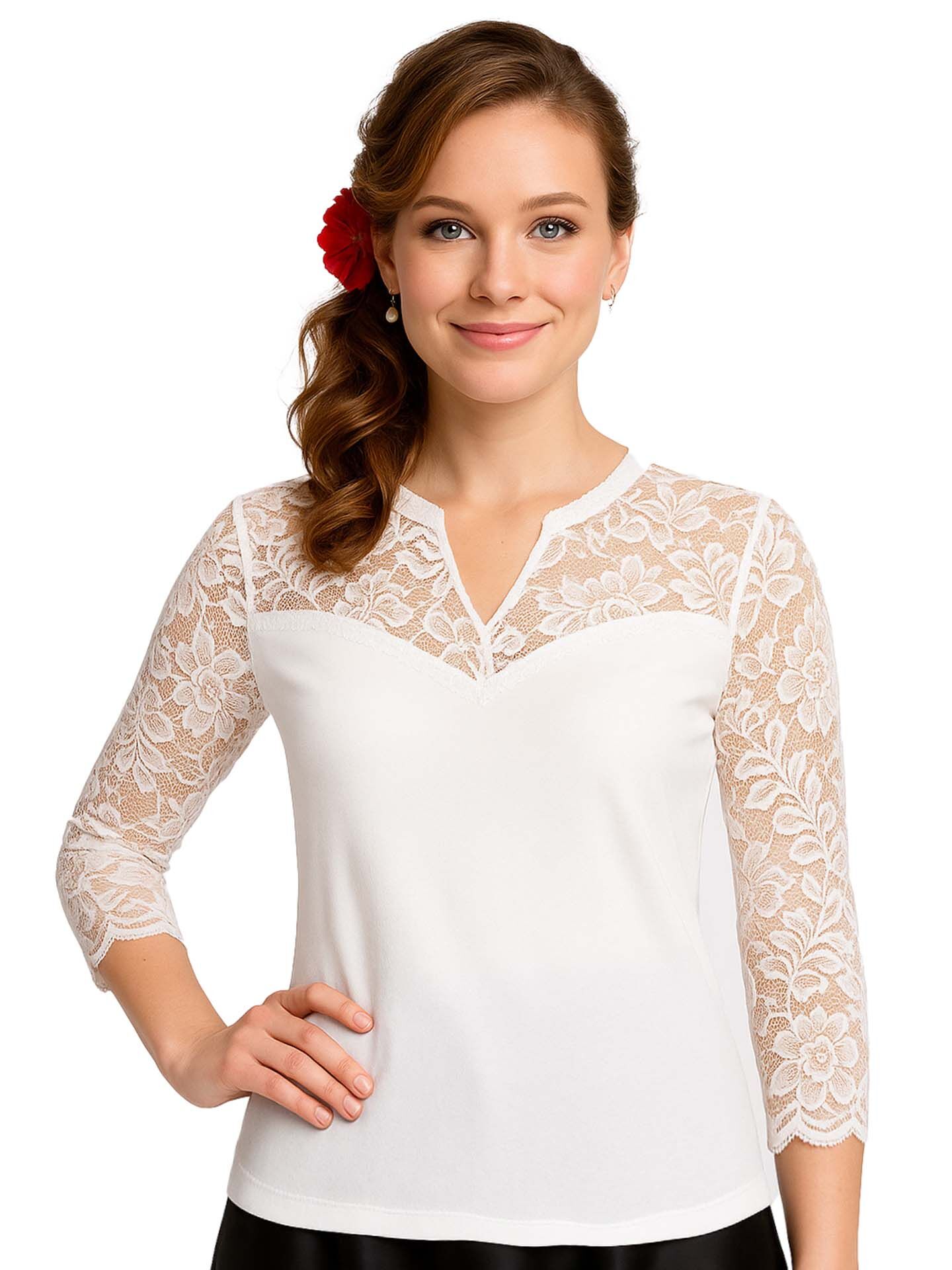 Trachtenshirt Damenbluse + Spitze 3/4-Arm Weiß/Creme