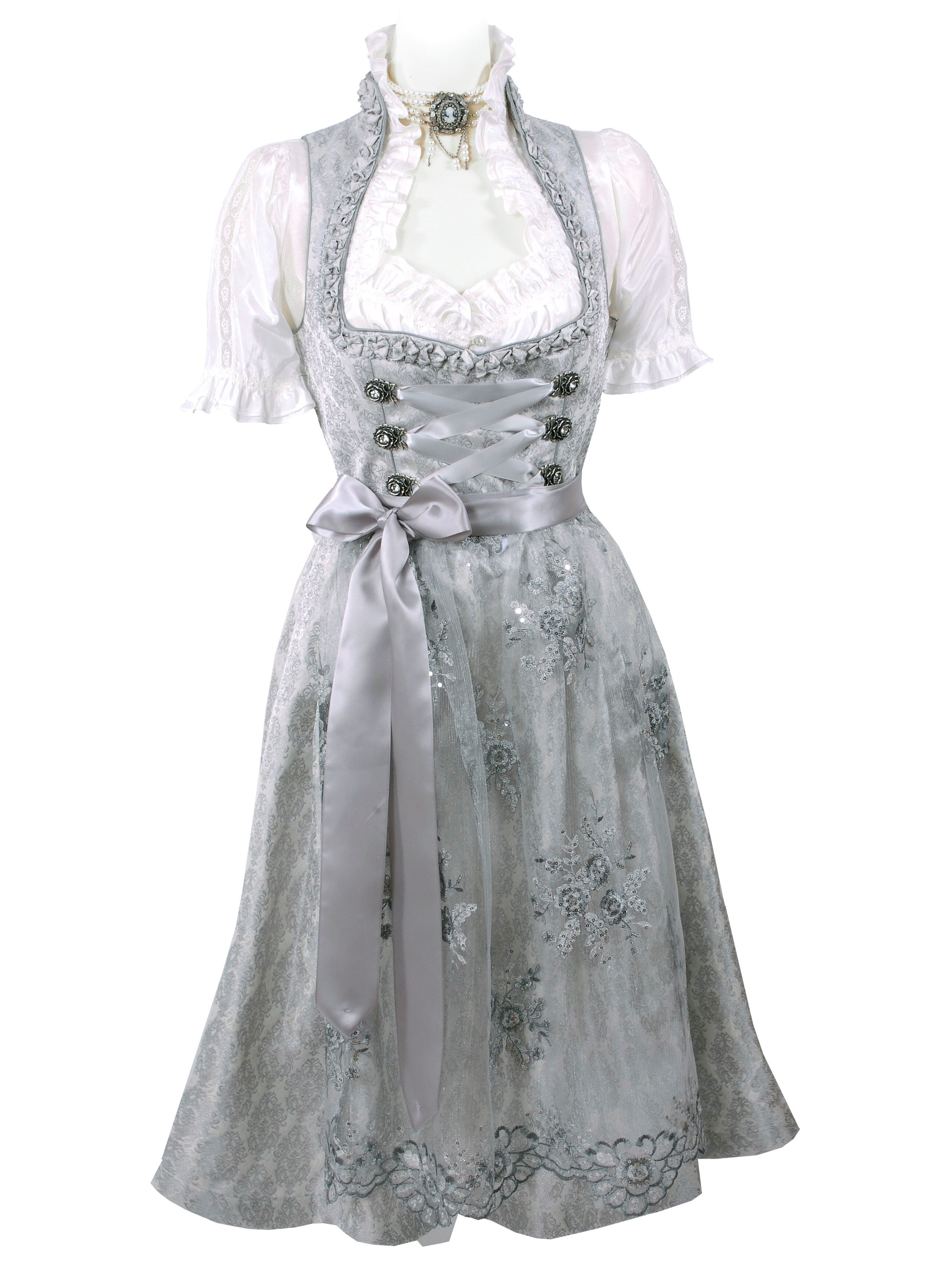 Festliches Midi-Dirndl - kurzes Dirndl mit Spitzenschürze Silber Festliches Midi-Dirndl - kurzes Dirndl mit Spitzenschürze Silber
