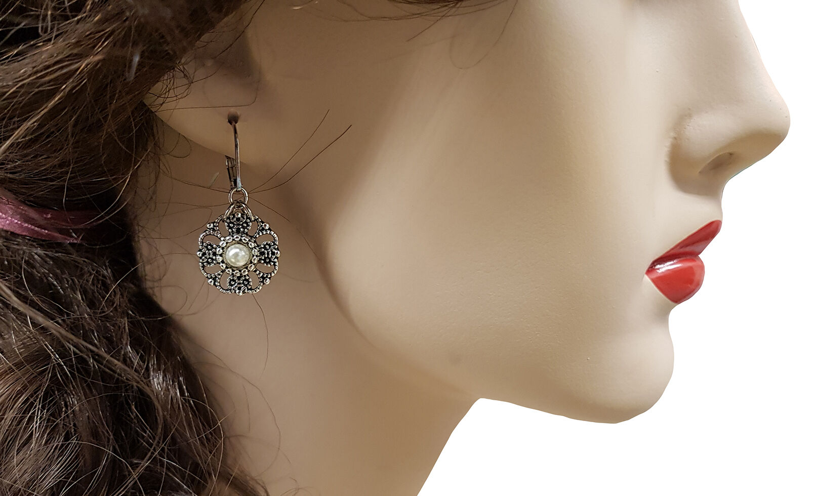 Ohrringe Damen Blumen-Anhänger + Perle Silber