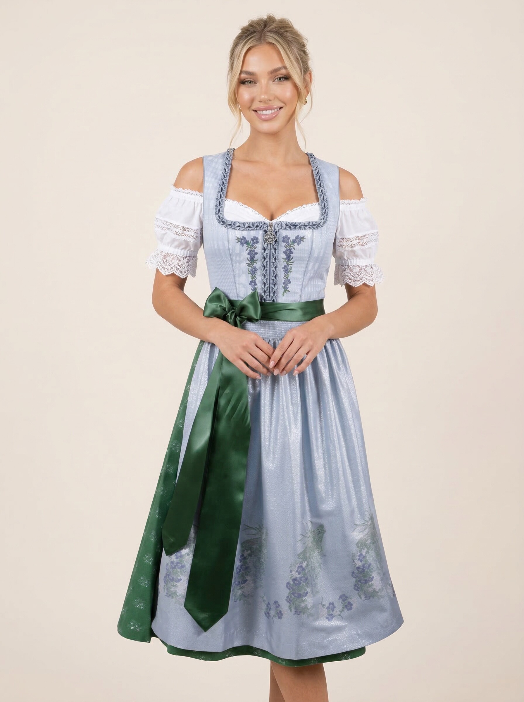 Silberblau-grünes Midi Dirndl Franziska für Damen – klassische Frontansicht