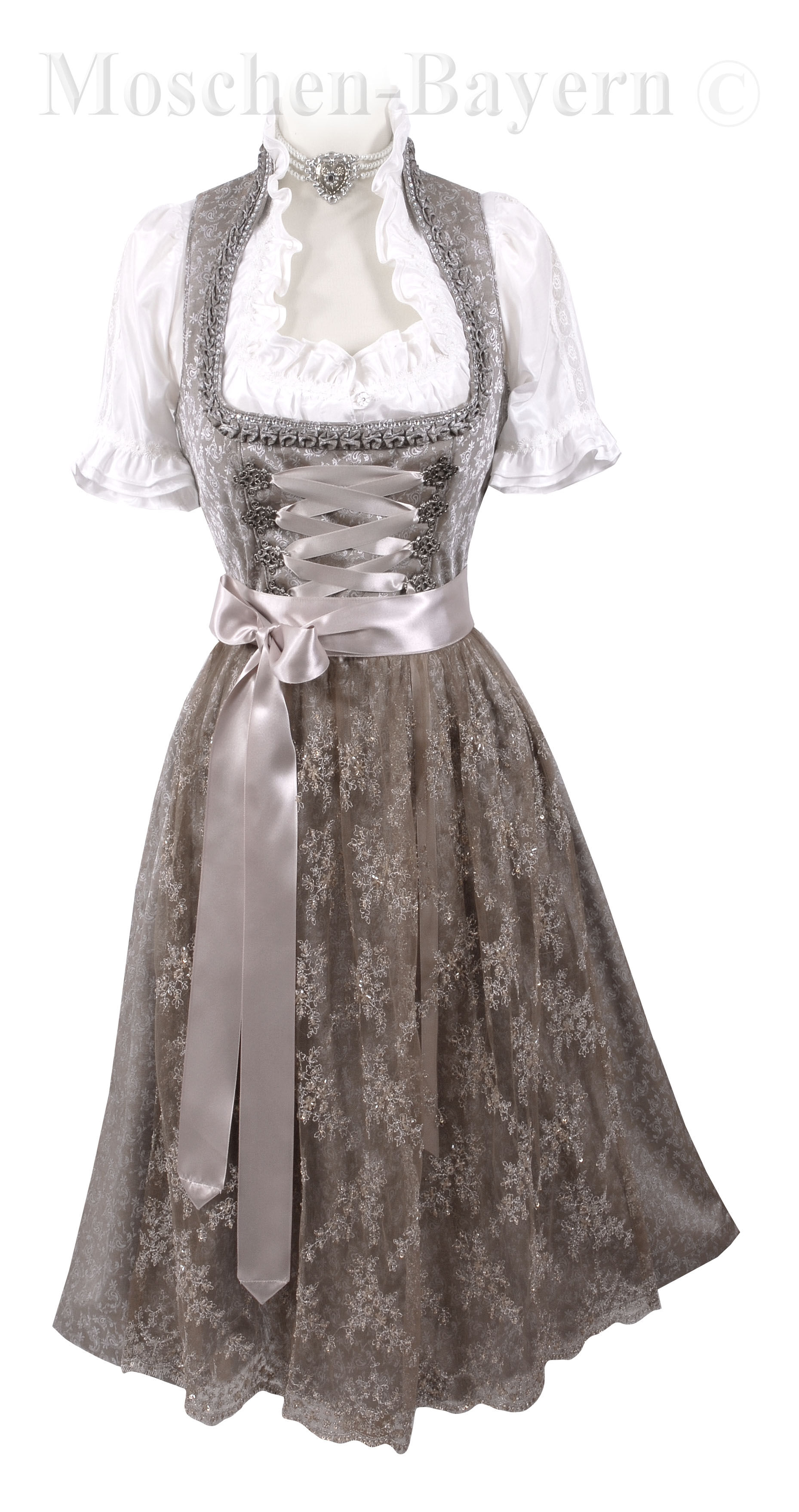 Festliches Midi-Dirndl - kurzes Dirndl mit Spitzenschürze Beige Festliches Midi-Dirndl - kurzes Dirndl mit Spitzenschürze Beige