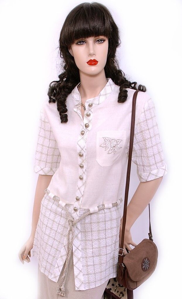 Trachtenbluse Damen Kurzarm Lang bestickt Weiß-Beige edles Leinen Trachtenbluse Damen Kurzarm Lang bestickt Weiß-Beige edles Leinen