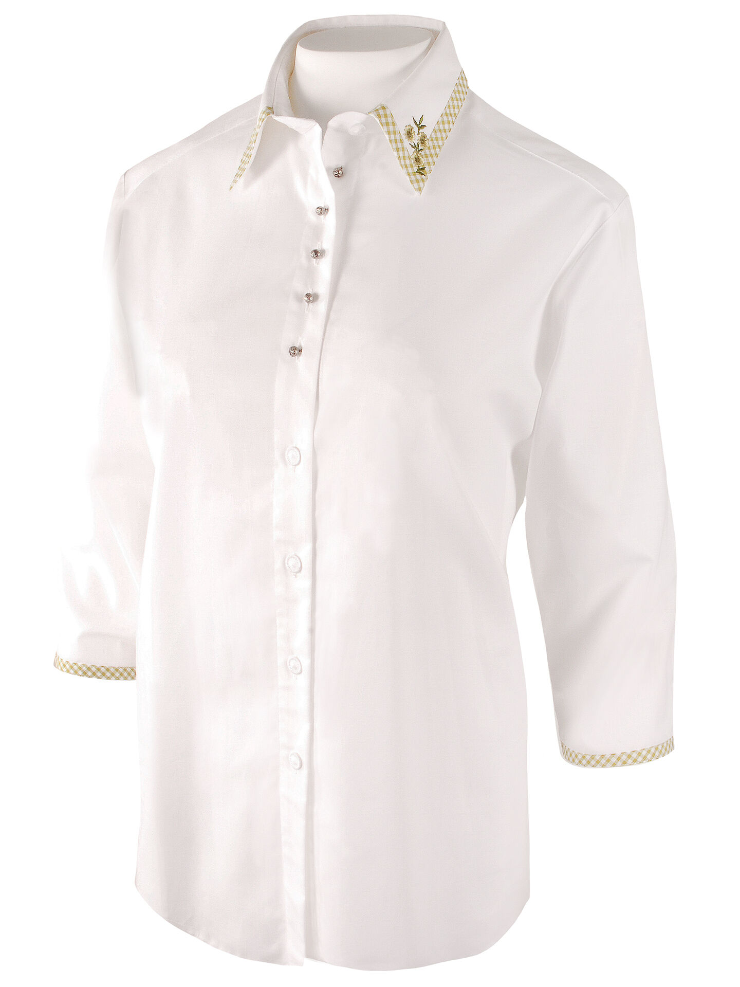 PREMIUM Trachtenbluse Damen Kurzarm mit Vichy-Karo + Stickerei  Weiß PREMIUM Trachtenbluse Damen Kurzarm mit Vichy-Karo + Stickerei  Weiß