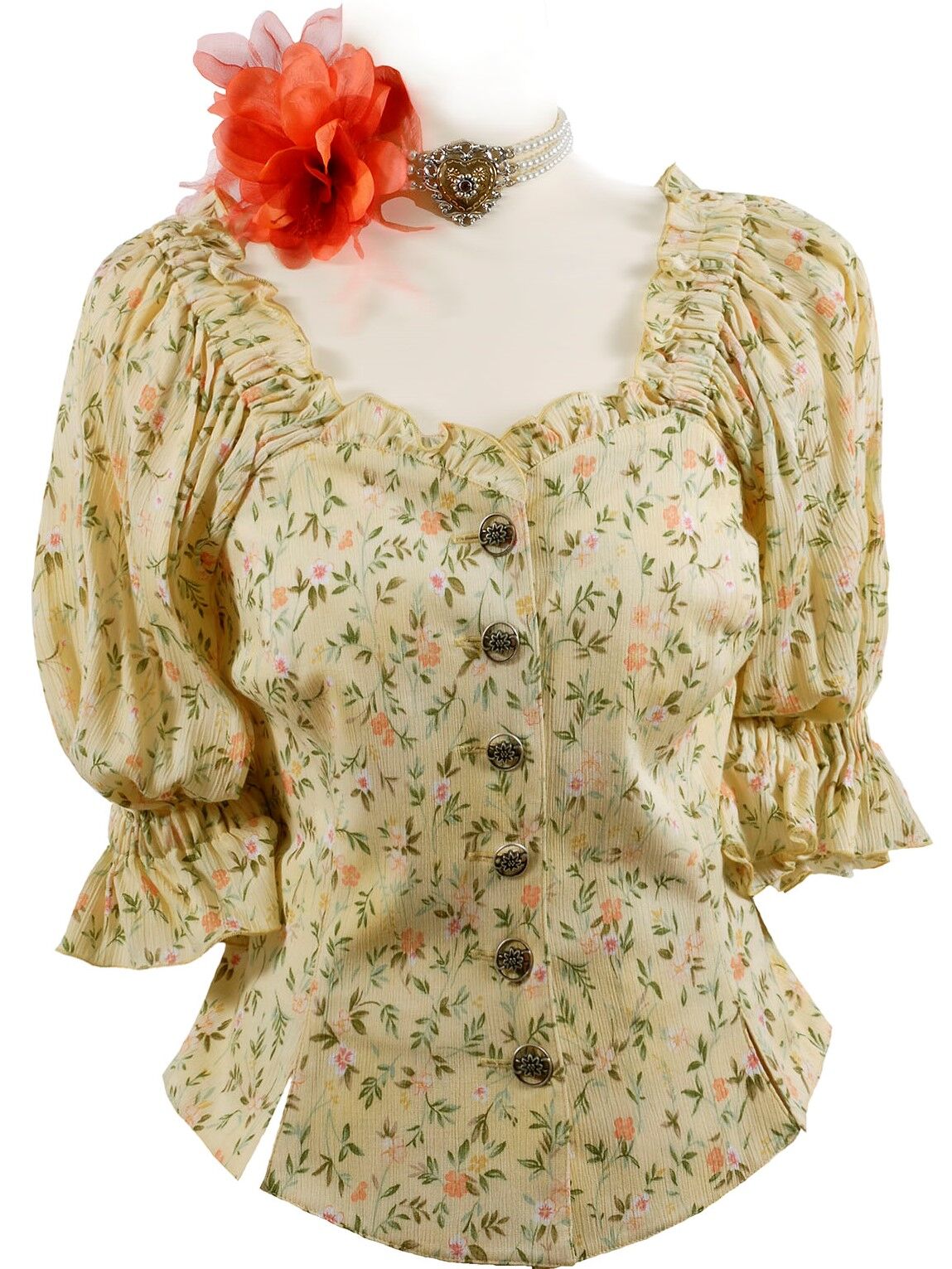 Trachtenbluse Damen Kurzarm Rüschen Miederbluse Blumen Gelb Trachtenbluse Damen Kurzarm Rüschen Miederbluse Blumen Gelb