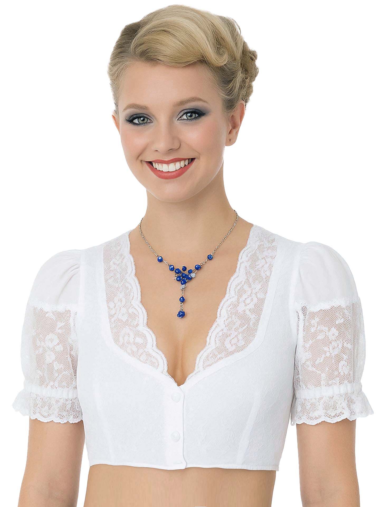 PREMIUM Dirndlbluse Damen festlich duftige Georgette-Bluse + Rüschen + Spitze Weiß