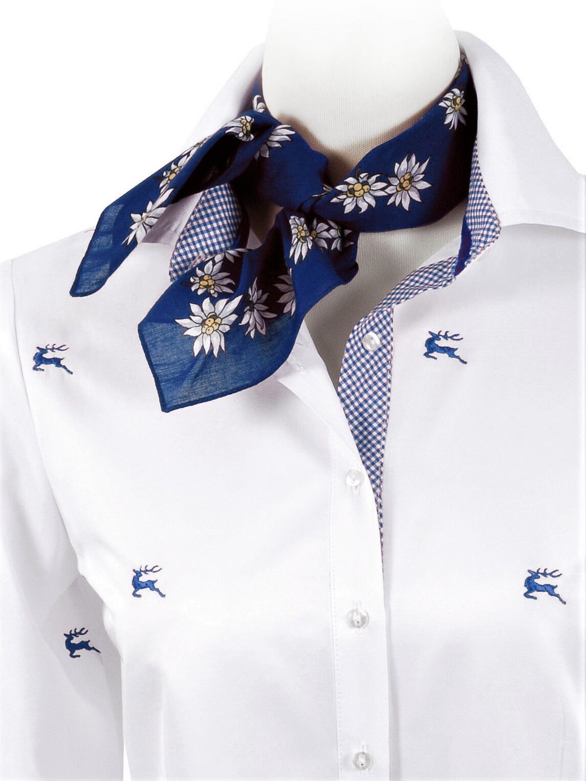 Premium Trachtenbluse Damen Langarm Hirsch-Stickerei Weiß-Blau  Premium Trachtenbluse Damen Langarm Hirsch-Stickerei Weiß-Blau