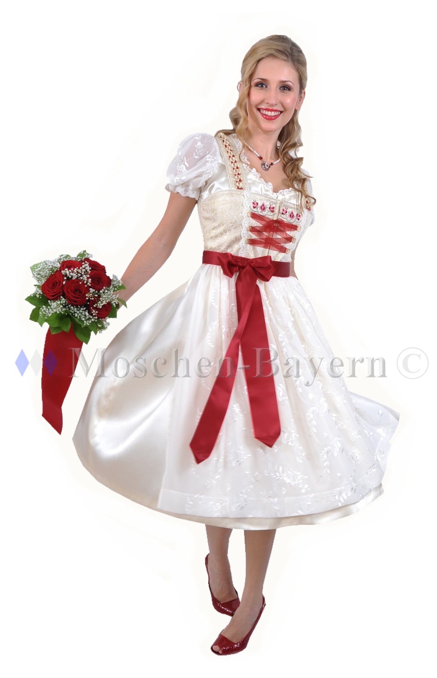 Exklusives Hochzeitsdirndl Brautdirndl Creme/Rot