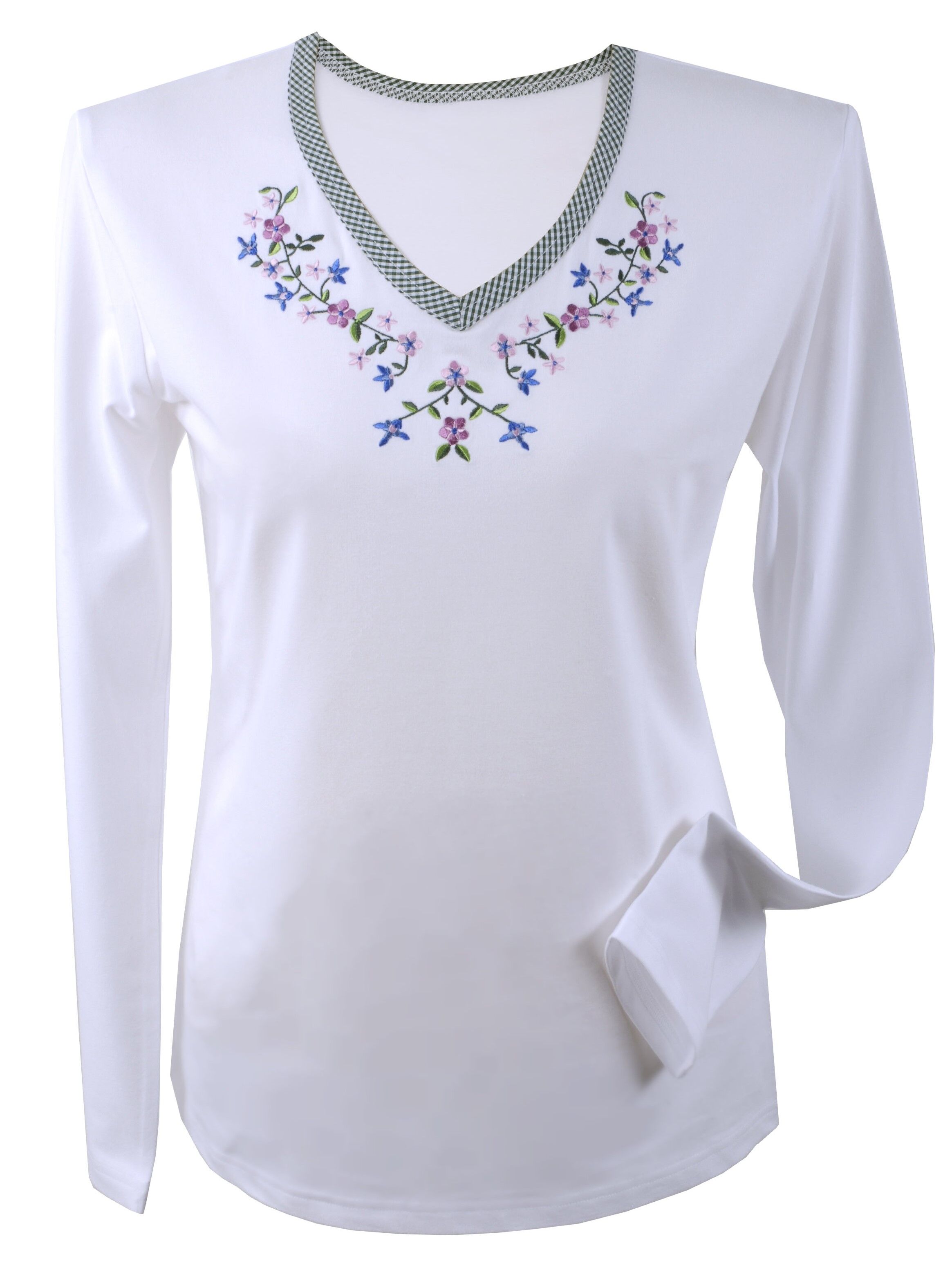 Trachtenshirt Damen T-Shirt Blumen-Stickerei Langarm Weiß-Grün