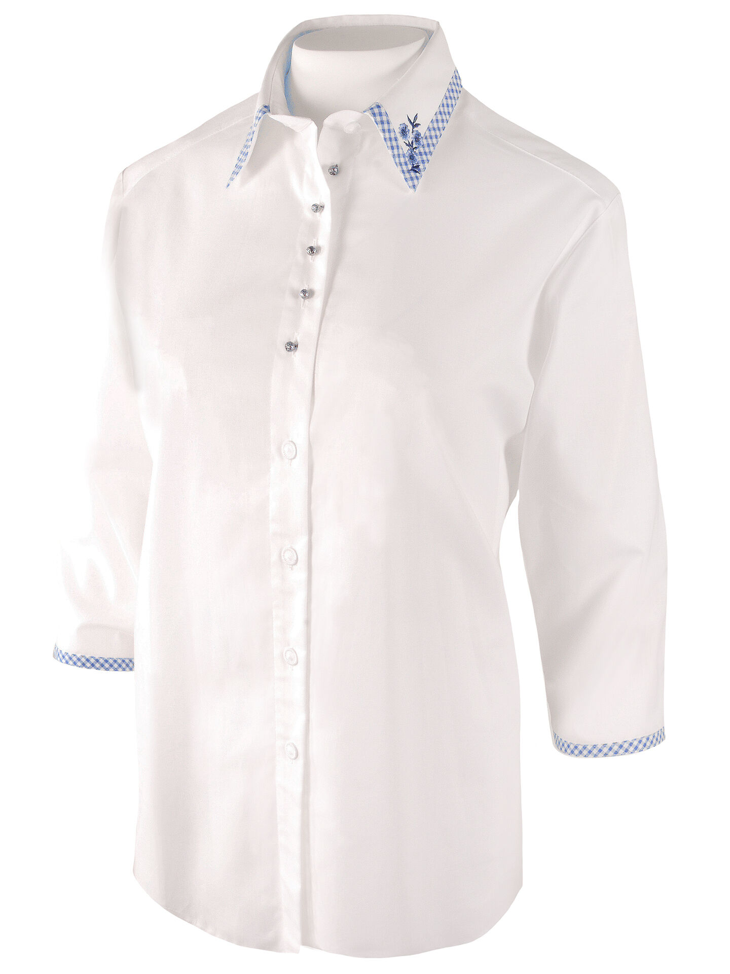 PREMIUM Trachtenbluse Damen Kurzarm mit Vichy-Karo + Stickerei  Weiß PREMIUM Trachtenbluse Damen Kurzarm mit Vichy-Karo + Stickerei  Weiß