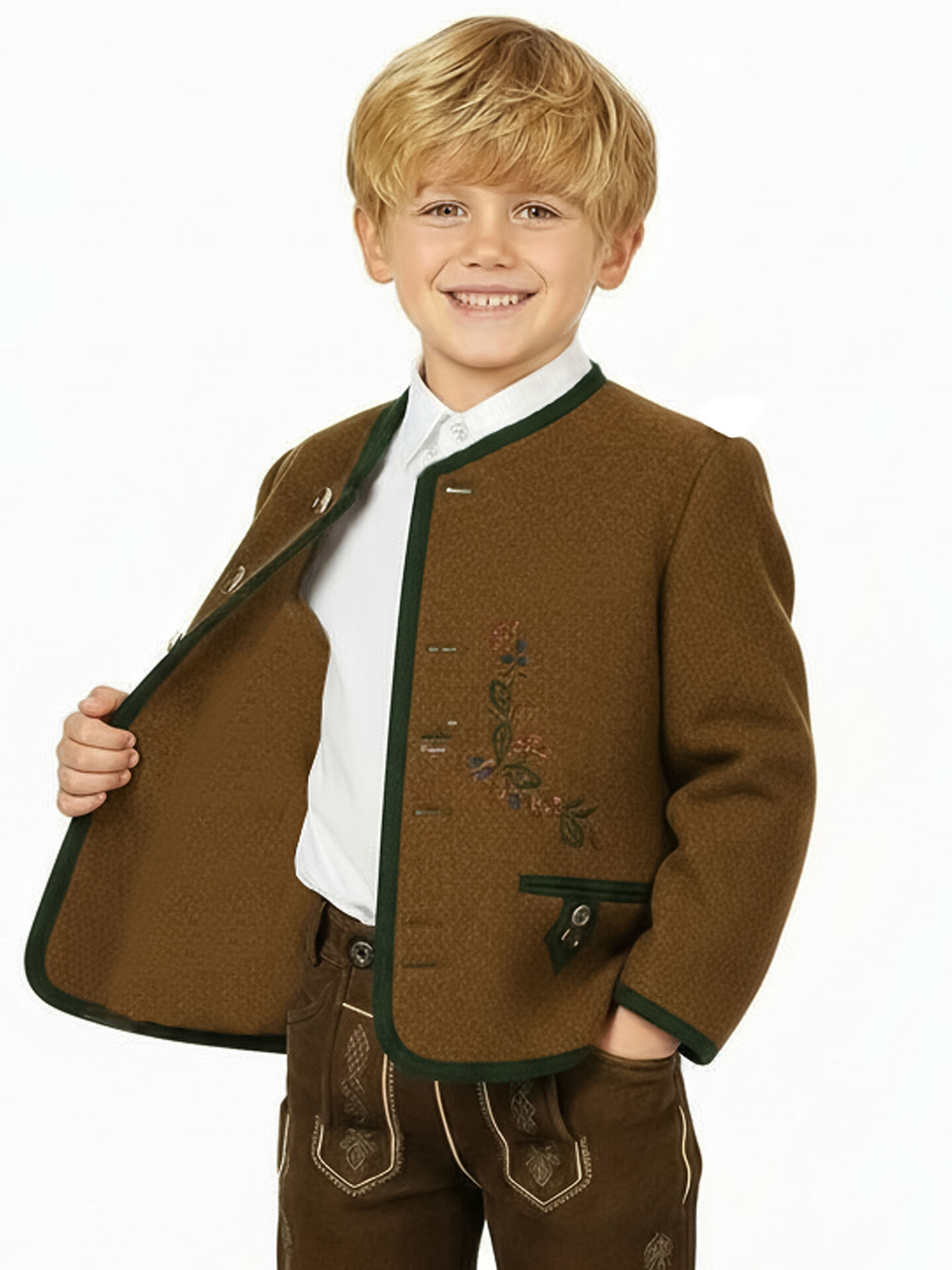 Trachtenjacke Jungen/Buben 100% Merinowolle Braun Stickerei Eichenlaub