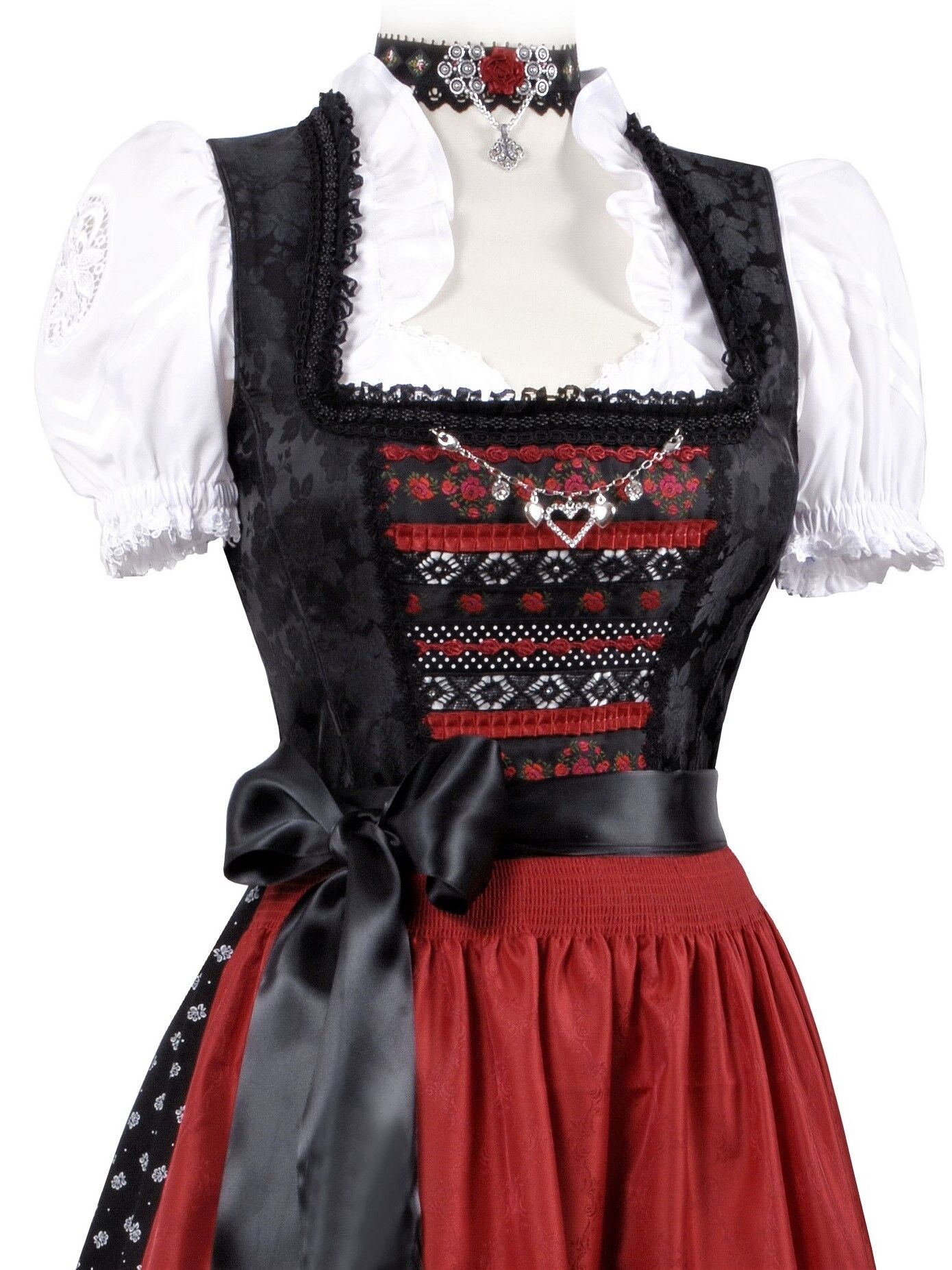 Festliches Midi-Dirndl - kurzes Dirndl + edle Satinschürze Schwarz-Rot Festliches Midi-Dirndl - kurzes Dirndl + edle Satinschürze Schwarz-Rot