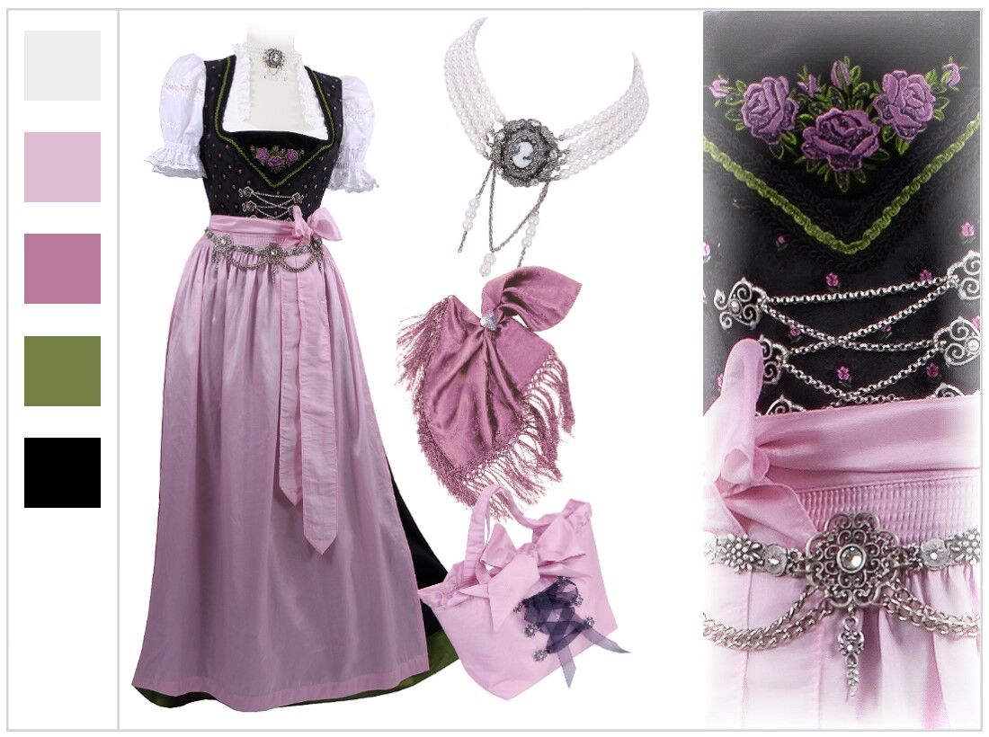 Festliches Dirndl lang - Festtagsdirndl  + Taftschürze Schwarz Rosa Festliches Dirndl lang - Festtagsdirndl  + Taftschürze Schwarz Rosa