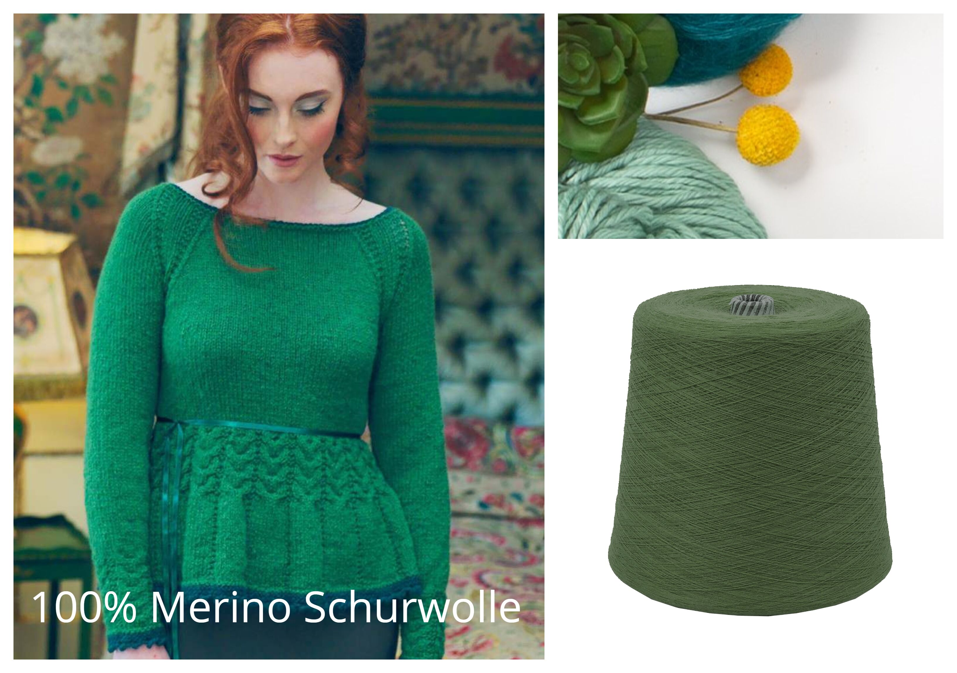 WOLLE zum STRICKEN MERINO-SCHURWOLLE 1 KG Konen/1000 Gramm Grün Gras