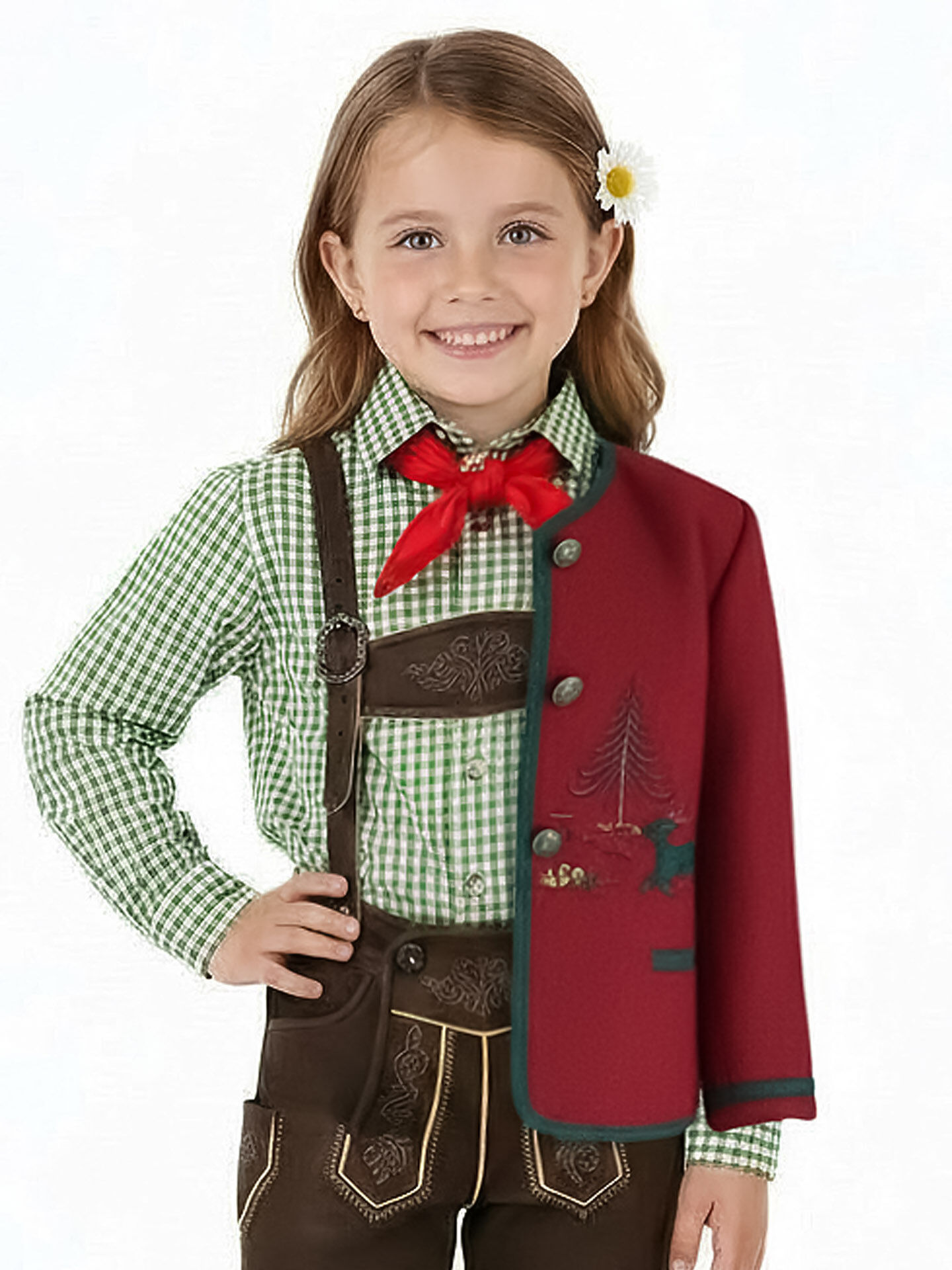 Trachtenjacke Kinder 100% Merinowolle Rot-Grün mit Hirsch-Stickerei