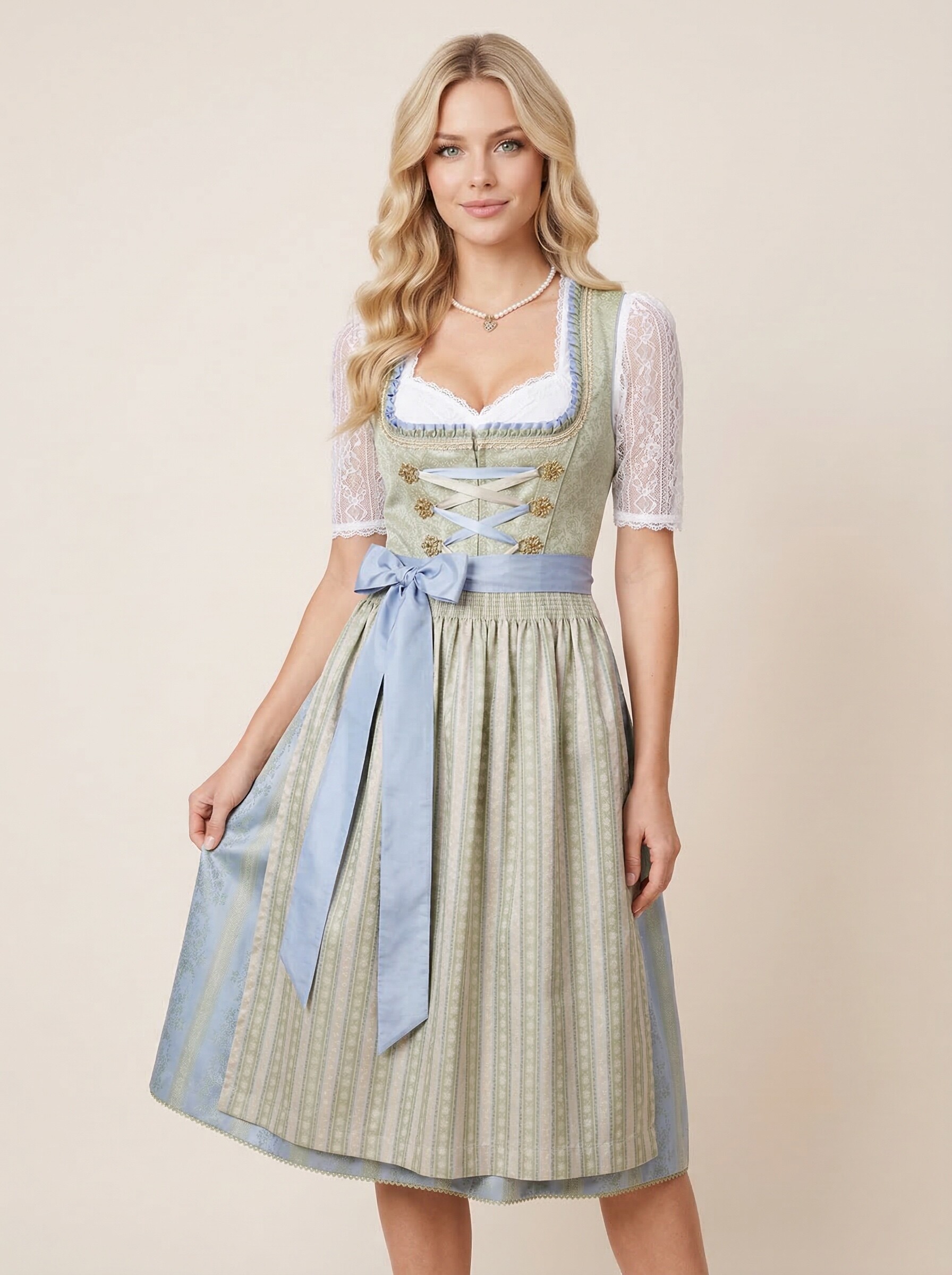 Blau-goldenes Midi Dirndl Leni mit lindgrünen Details für Damen – Frontansicht