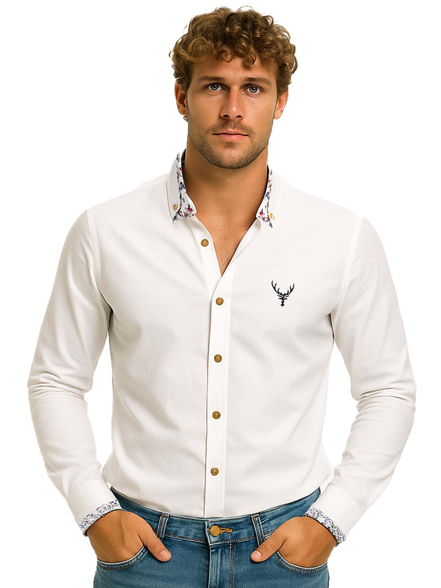 Trachtenhemd Herren Weiß/Blau SLIMFIT im Floral-Design