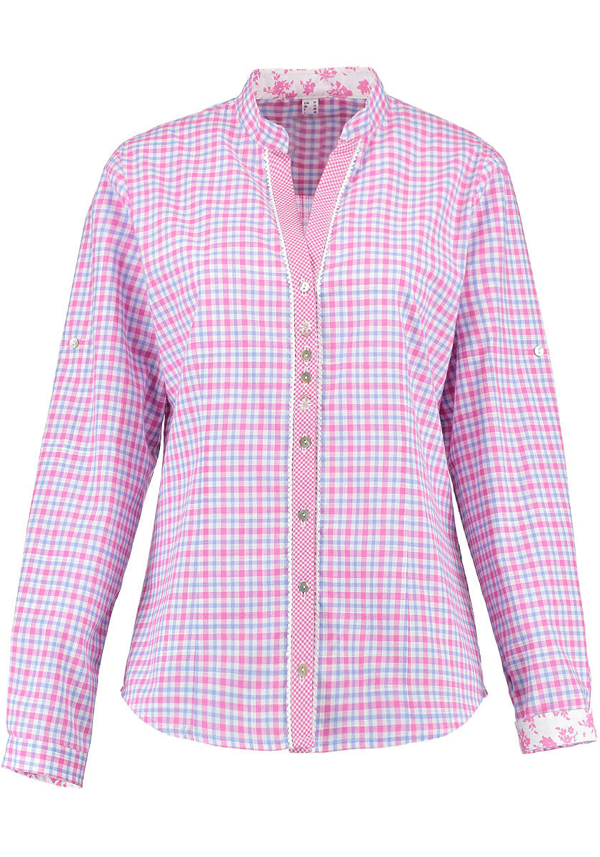 Trachtenbluse Damen kariert Langarm Edelweiß Stickerei Rosa-Blau Trachtenbluse Damen kariert Langarm Edelweiß Stickerei Rosa-Blau