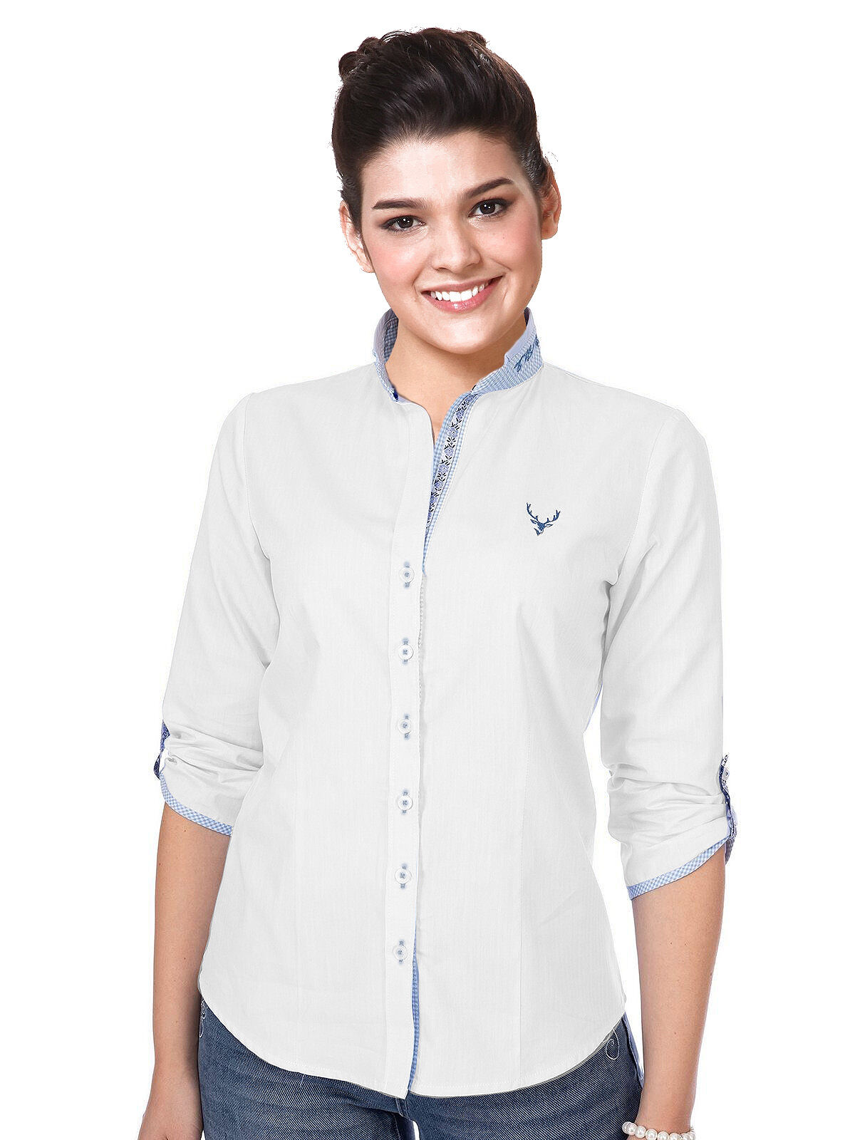 Trachtenbluse Damen 3/4-Arm - Kariert + Hirsch-Stickerei Weiß-Blau Trachtenbluse Damen 3/4-Arm - Kariert + Hirsch-Stickerei Weiß-Blau