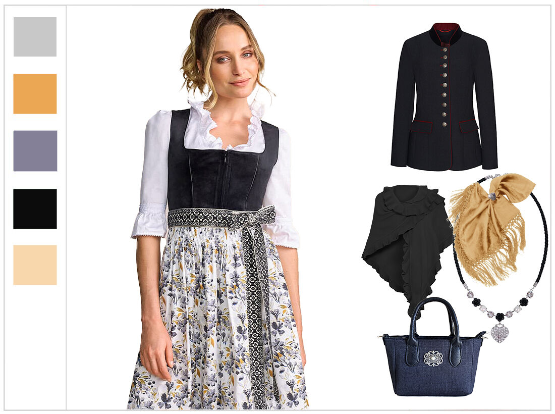 Festliches Midi-Dirndl - kurzes Samtdirndl + Blumenschürze Schwarz-Gold